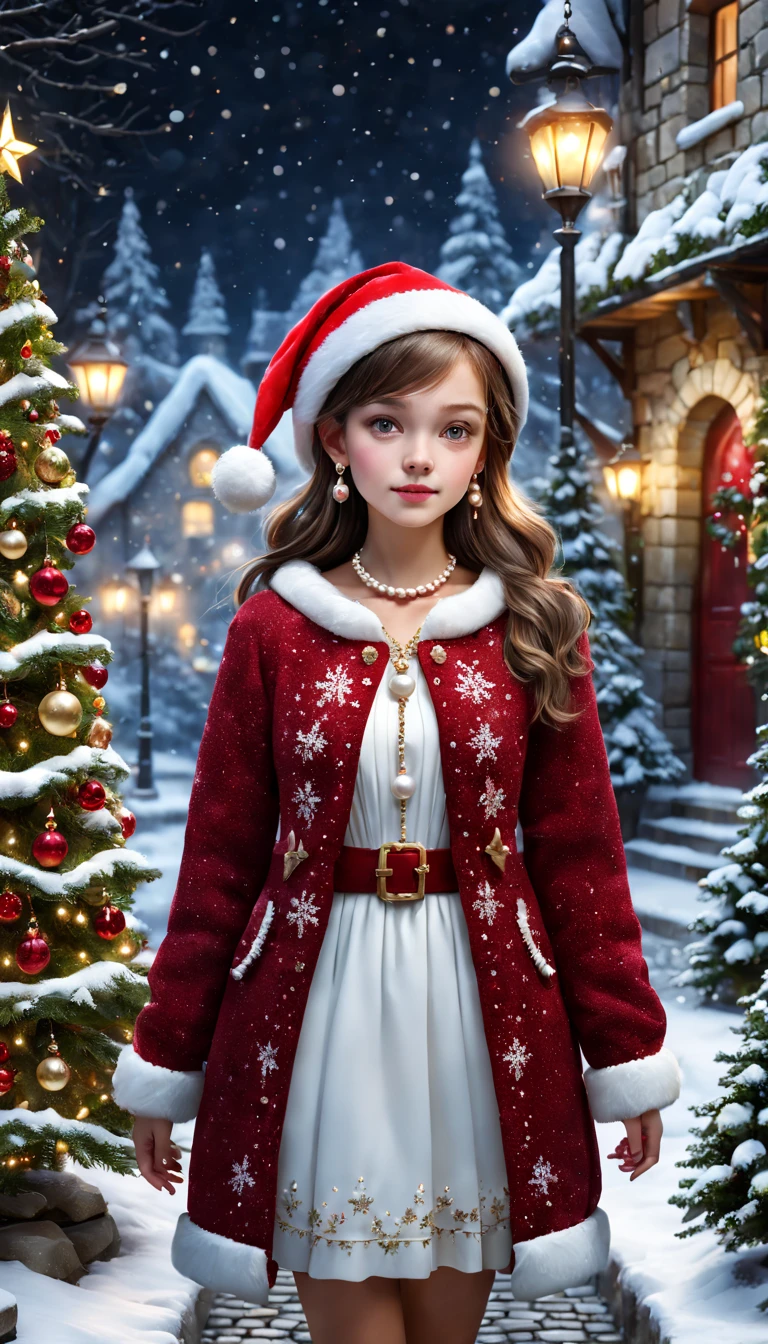 Girl wearing mosaic ruby dresternal garden，Cobblestone paths，the night，santa hat，pearls necklace，Ring earrings，[Christmas tree]，christmaestive atmosphere，winter landscape，[Gentle snowfall]，Magical atmosphere，serene environment，Whimsical scenery best quality,4k,8k,highres,masterpiece:1.2),ultra-detailed,realistic,Award-Awarded, tmasterpiece.