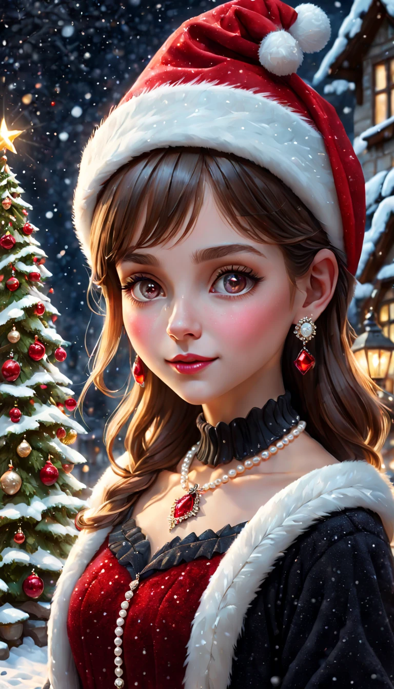 Girl wearing mosaic ruby dresternal garden，Cobblestone paths，the night，santa hat，pearls necklace，Ring earrings，[Christmas tree]，christmaestive atmosphere，winter landscape，[Gentle snowfall]，Magical atmosphere，serene environment，Whimsical scenery best quality,4k,8k,highres,masterpiece:1.2),ultra-detailed,realistic,Award-Awarded, tmasterpiece.