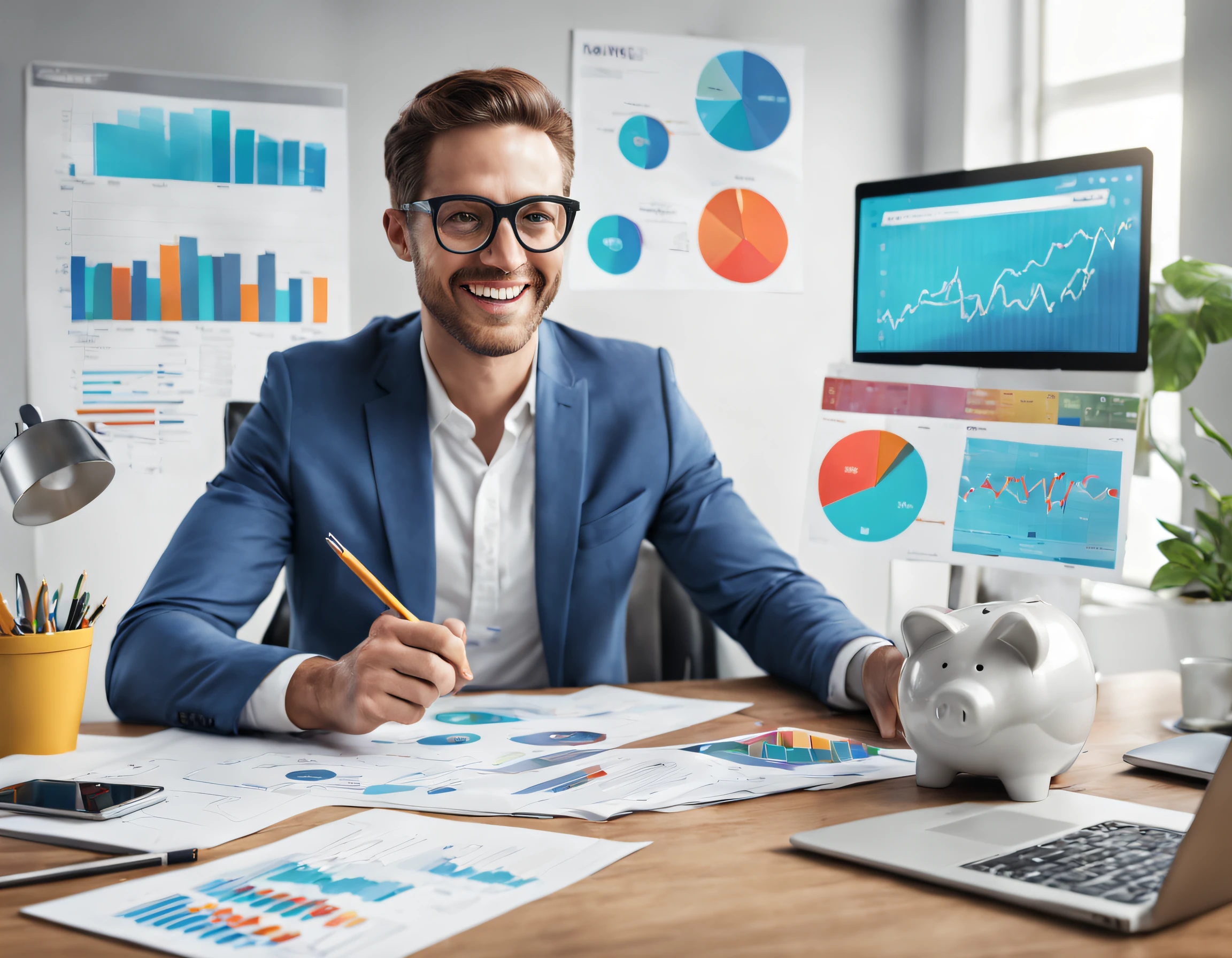 a realistic of Visuals promoting positivity around investing, budgeting, and saving, center, hyper sharp, 16K