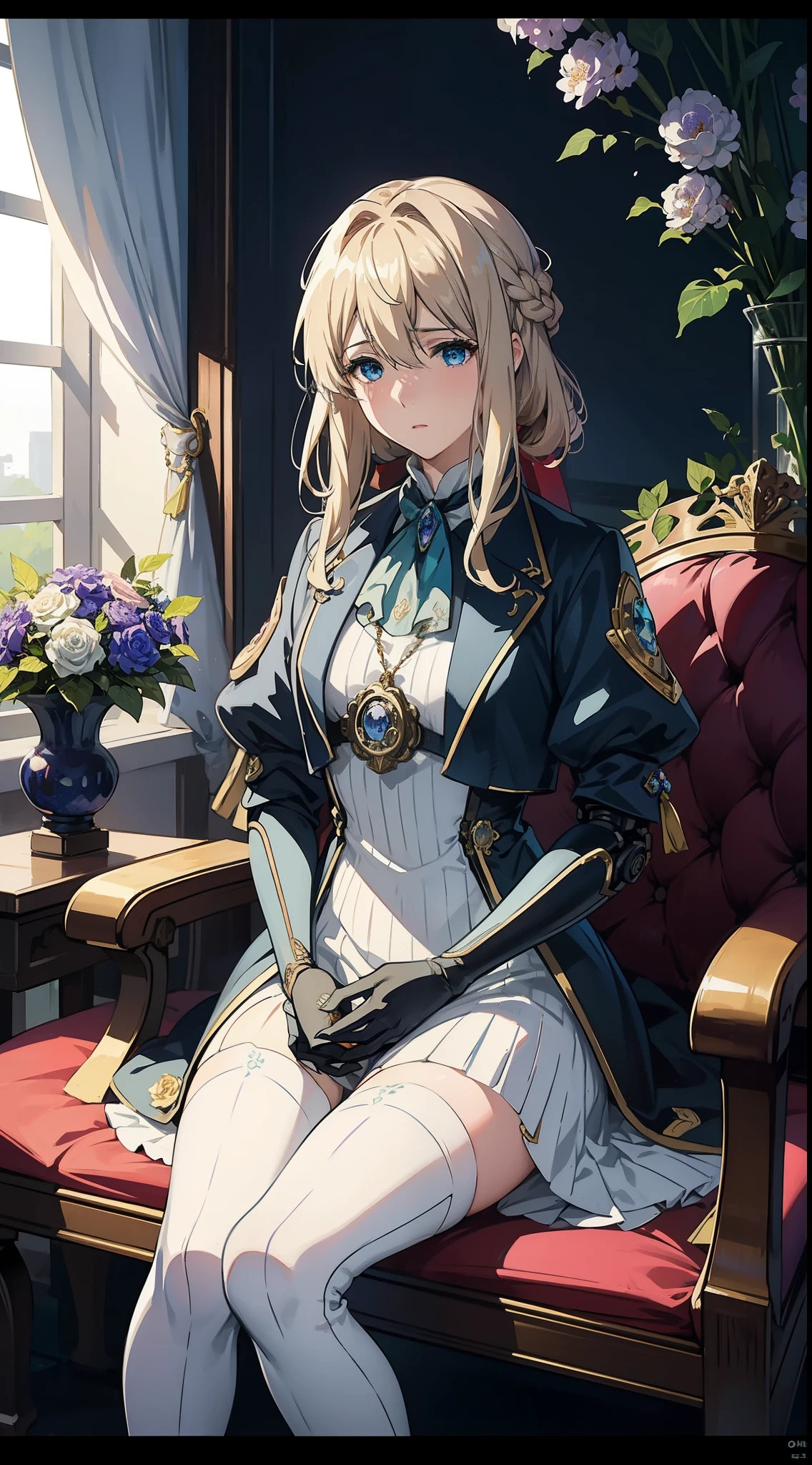 official art,unity 8k wallpaper,ultra detailed,beautiful and aesthetic,masterpiece,best quality,garden in the background,flower world,(fractal art:1.1),1girl,Violet Evergarden,blond,blue_eyes,dress,ribbon,jacket,jewel,(look at the audience),extremely detailed,dynamic angle,cowboyshoegant),(sad),vivid colours,(romanticism),baihuaniang,flowers made of metal,flower,CyberPunkAI,fantasy tech,((robotic arm)),(flowers float all around),violet_evergarden,look at the audience,sit,