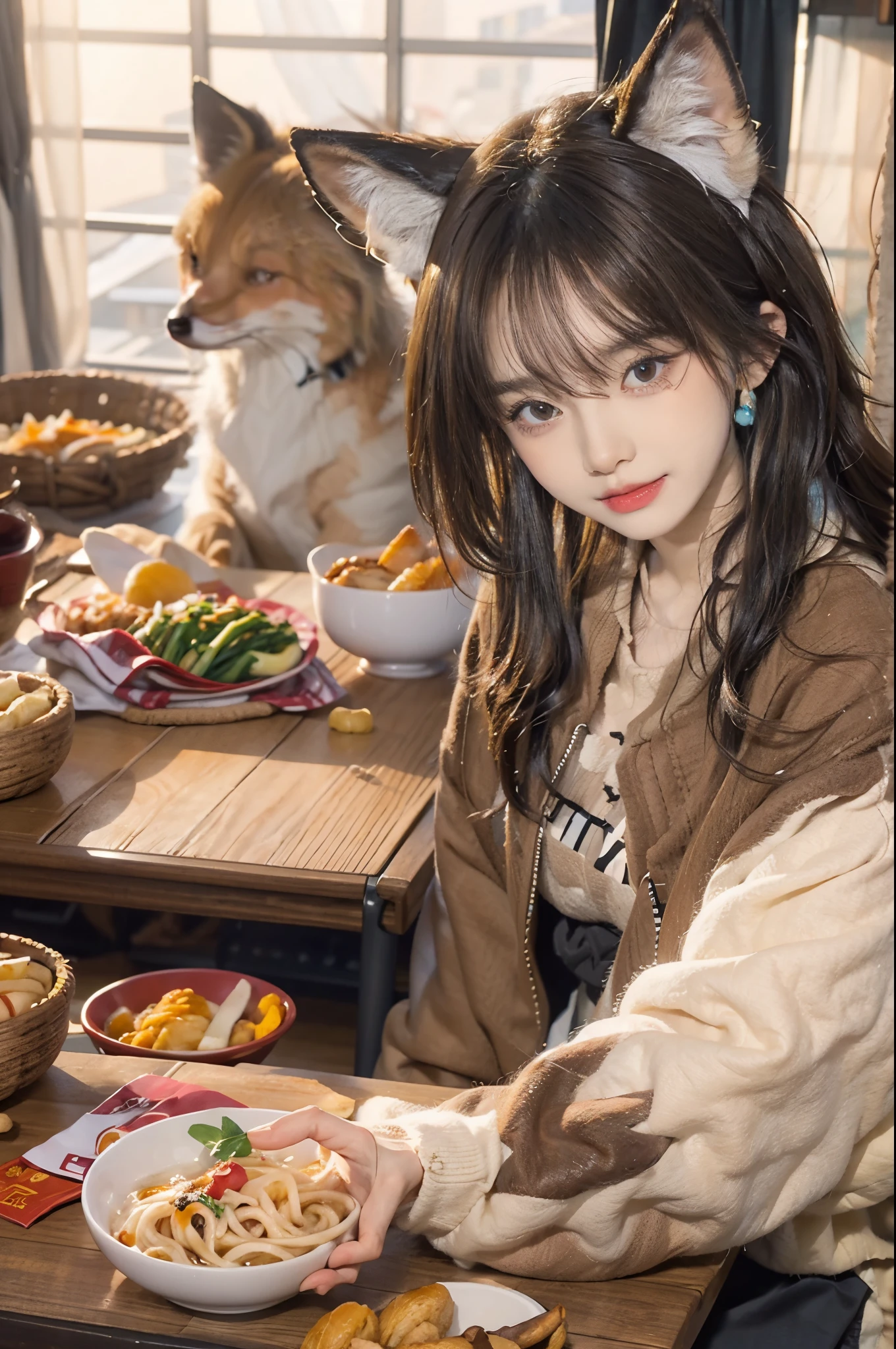 Create a vivid depiction of a 28-year-old brunette woman with tousled hair。, Enjoy udon at the kotatsu. He describes her as an amazing beauty who resembles a fox incarnate.。, Captivating the viewer with a charming expression as he stuffs his face with udon.Fox ears、wear fox fur