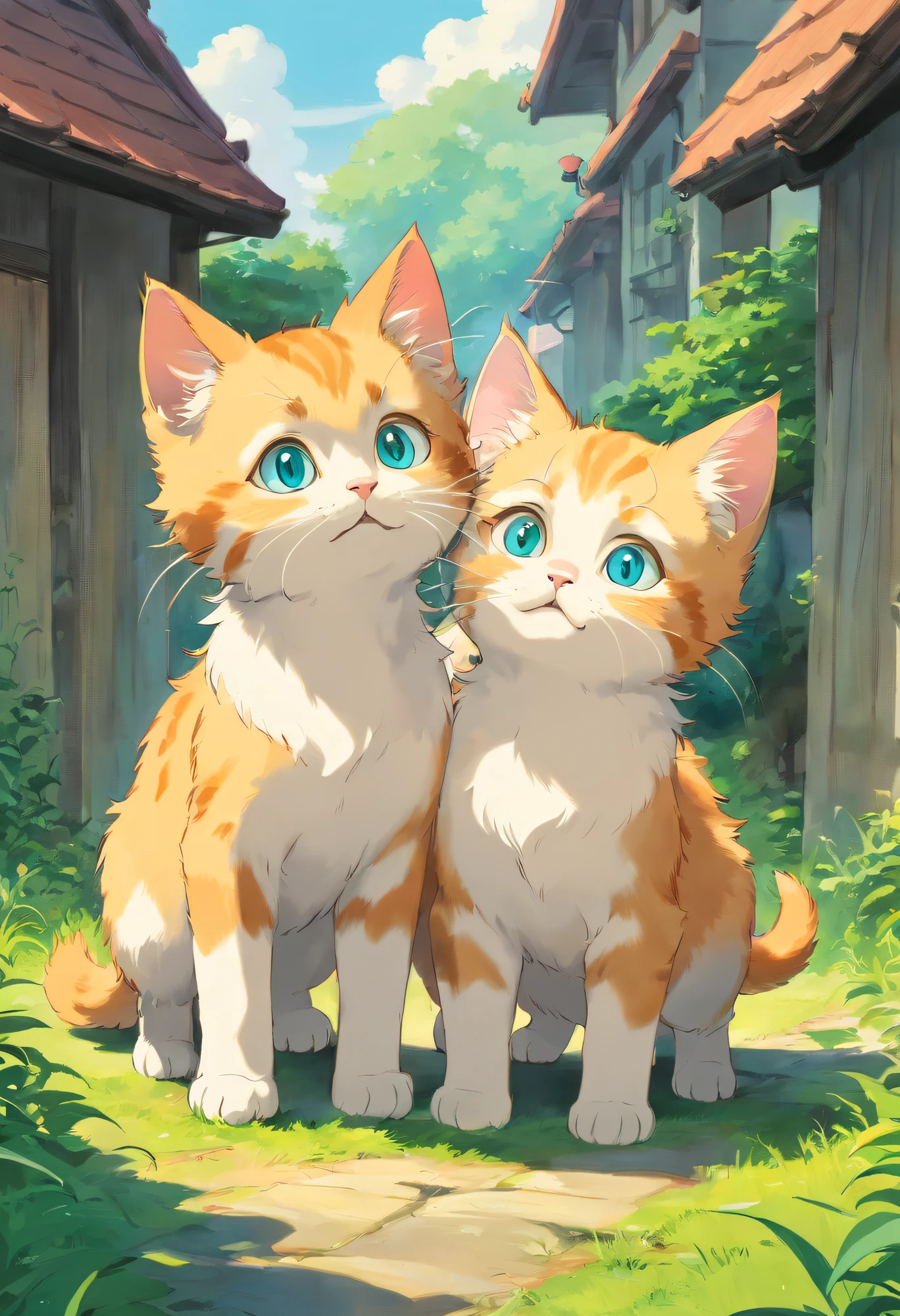 Comprehensive kitten. Two kittens walking with their heads down.