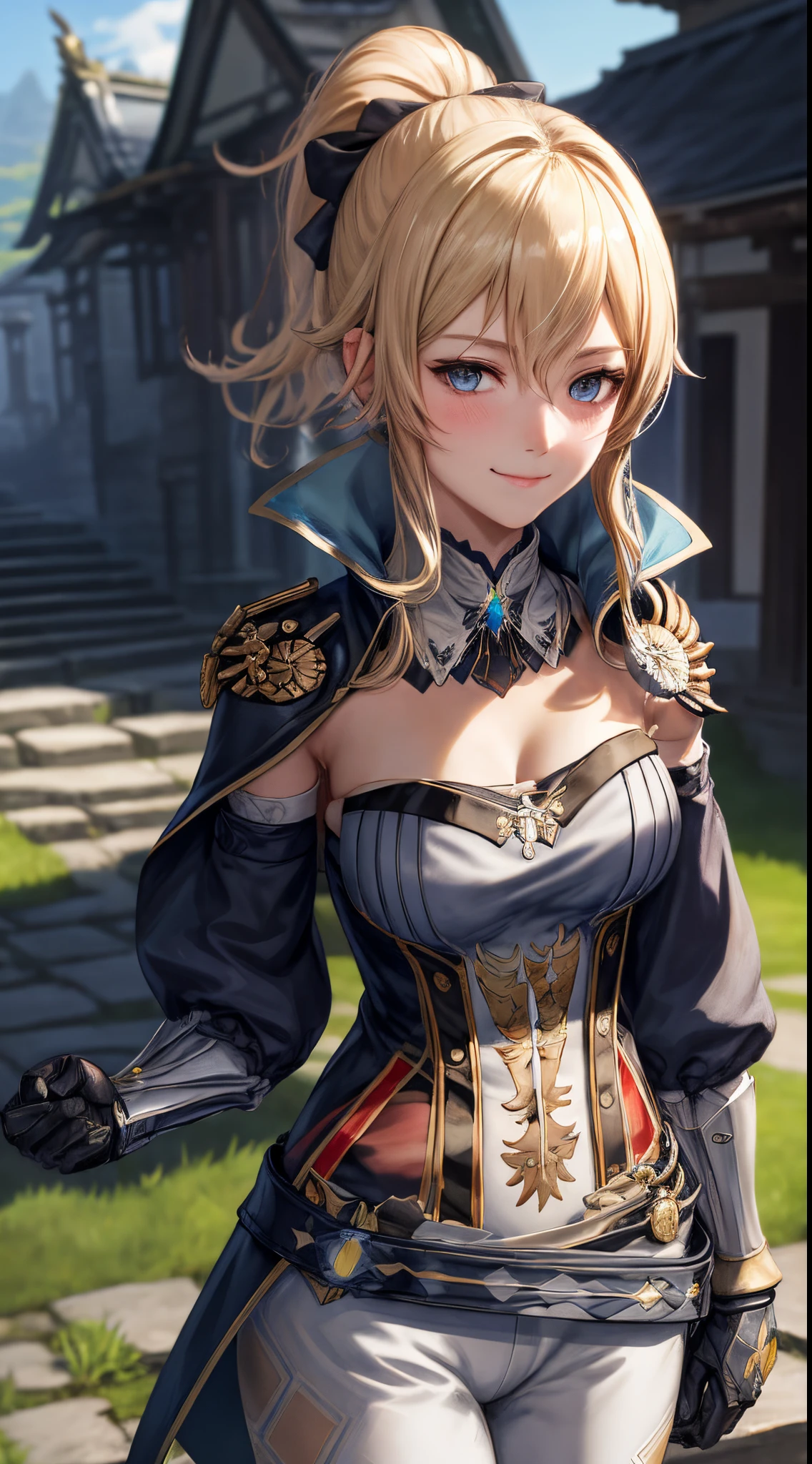 (masterpiece, best quality:1.2), expressive eyes, perfect face, highres, 1girl, solo, jeanfavonian, short hair, blonde hair, city, day, standing, happy, parted lips, hands on hip, upper body, looking at the viewer