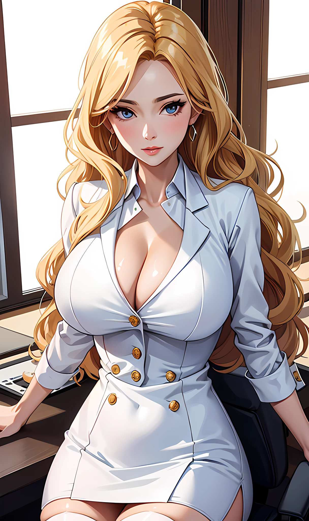 looking at viewer , full body, upper body focus, realistic,shiny skin,(office lady),business suit,cleavage, stockings, (beautiful face:1.1),(masterpiece, high quality:1.2) gigantic breasts, motherly, porcelain skin, honey blonde hair, very long hair, wavy hair,mature female