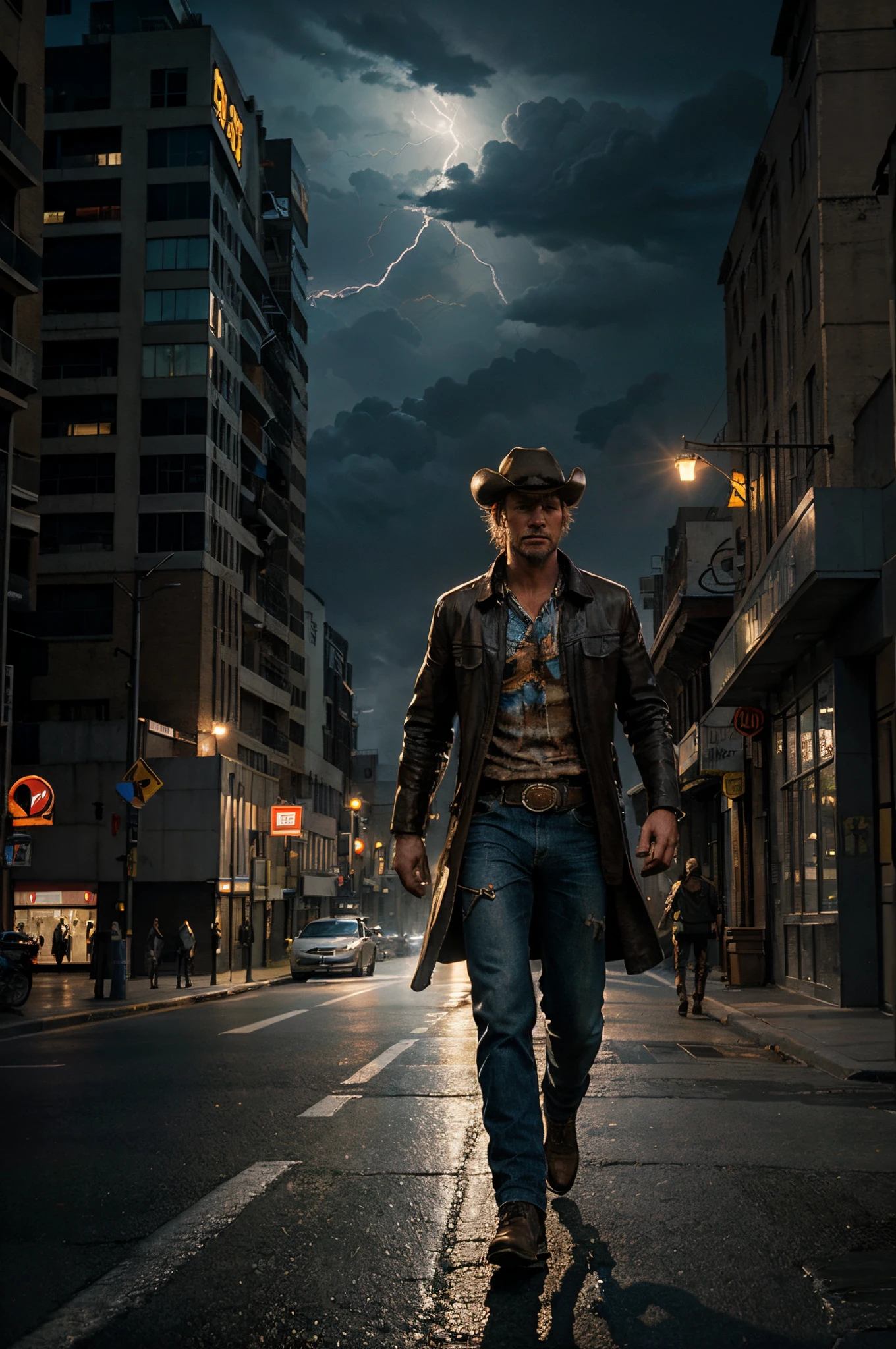 high quality, cinematic ray , realistic digital art illustration, epic, lightning, a cowboy walking on the street