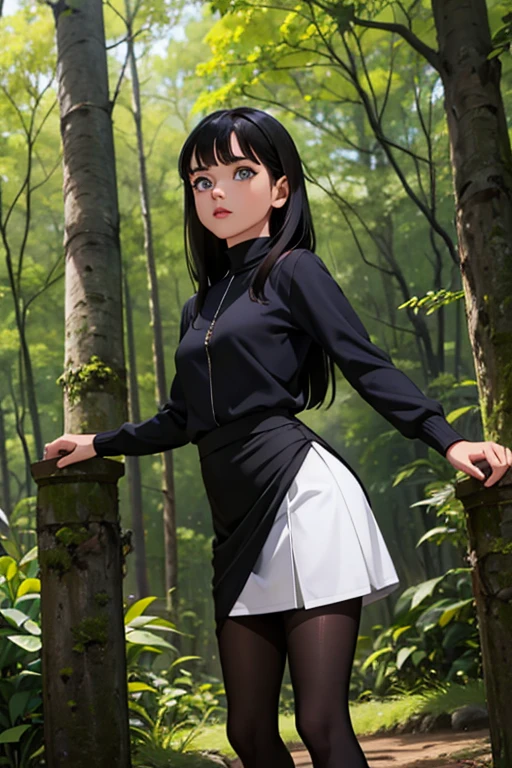 linda jovem com rosto bem detalhado e bonito, belos olhos, belos olhos, rosto lindo, beautiful young woman wearing black tights, sueter apertado branco, short pantyhose, Standing in a forest, usando salto alto, cabelo curto preto, morena