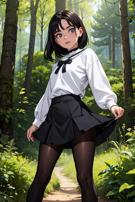 linda jovem com rosto bem detalhado e bonito, belos olhos, belos olhos, rosto lindo, beautiful young woman wearing black tights, sueter apertado branco, short pantyhose, Standing in a forest, usando salto alto, cabelo curto preto, morena