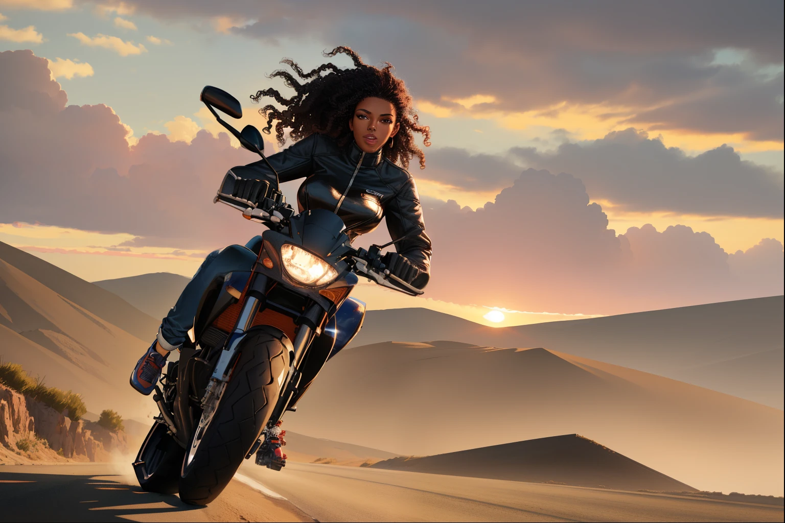full body view, black woman with curly hair in her skin tight body suit, slim figure, riding a honda dct 1100 motorcycle, amazing lighting, wind blowing, (fullbody:1.2),(foot:1),8k, RAW photo, best quality, (masterpiece:1.2), (realistic:1.3), (photorealistic:1.3), ultra-detailed, (high detailed skin:1.2), 8k uhd, dslr, soft lighting, high quality, film grain, Fujifilm XT3, best quality, beautiful lighting, beautiful,(1girl:1.2),muscle,