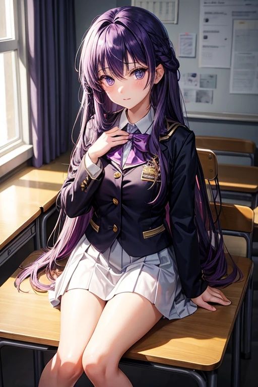 ​masterpiece, top-quality, 1 girl in、Students of the Magic School、short velvet robe、White Classy Shirt、Plaid pleated skirt、Red ribbons、White High Socks、Leather shoes、Height 120 cm、12year old、Light purple hair、Cute smile、beautiful countenance、beautidful eyes、Slim body、small tits、magic school、Fantasia、in isekai、Medieval Europe、FULL BODYSHOT、Dynamic angles、