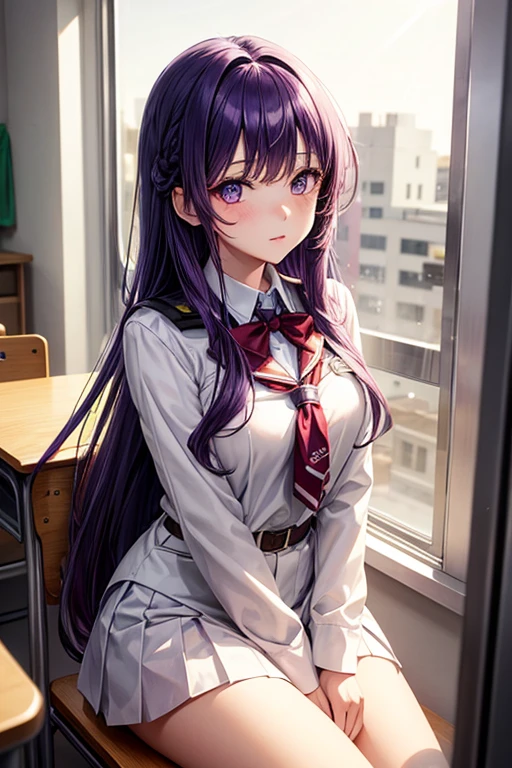 1girl, long midnight purple hair, golden light eyes, sit in class, white school modern uniform, anime