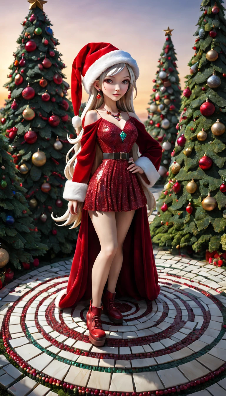 Mosaic Ruby Sculpture, external garden, flagstone road, mirai, the sunset, long whitr hair, santa hat，bead necklace, hoop earings, smug, hyper realisitc, [Christmas tree]，mirai, hyper realisitc, artistic décor, concept-art, Three-dimensional future, lightand shade contrast, Ray traching, mosaic art, wide wide shot, Best quality at best, A high resolution, Award-Awarded, tmasterpiece, 4K