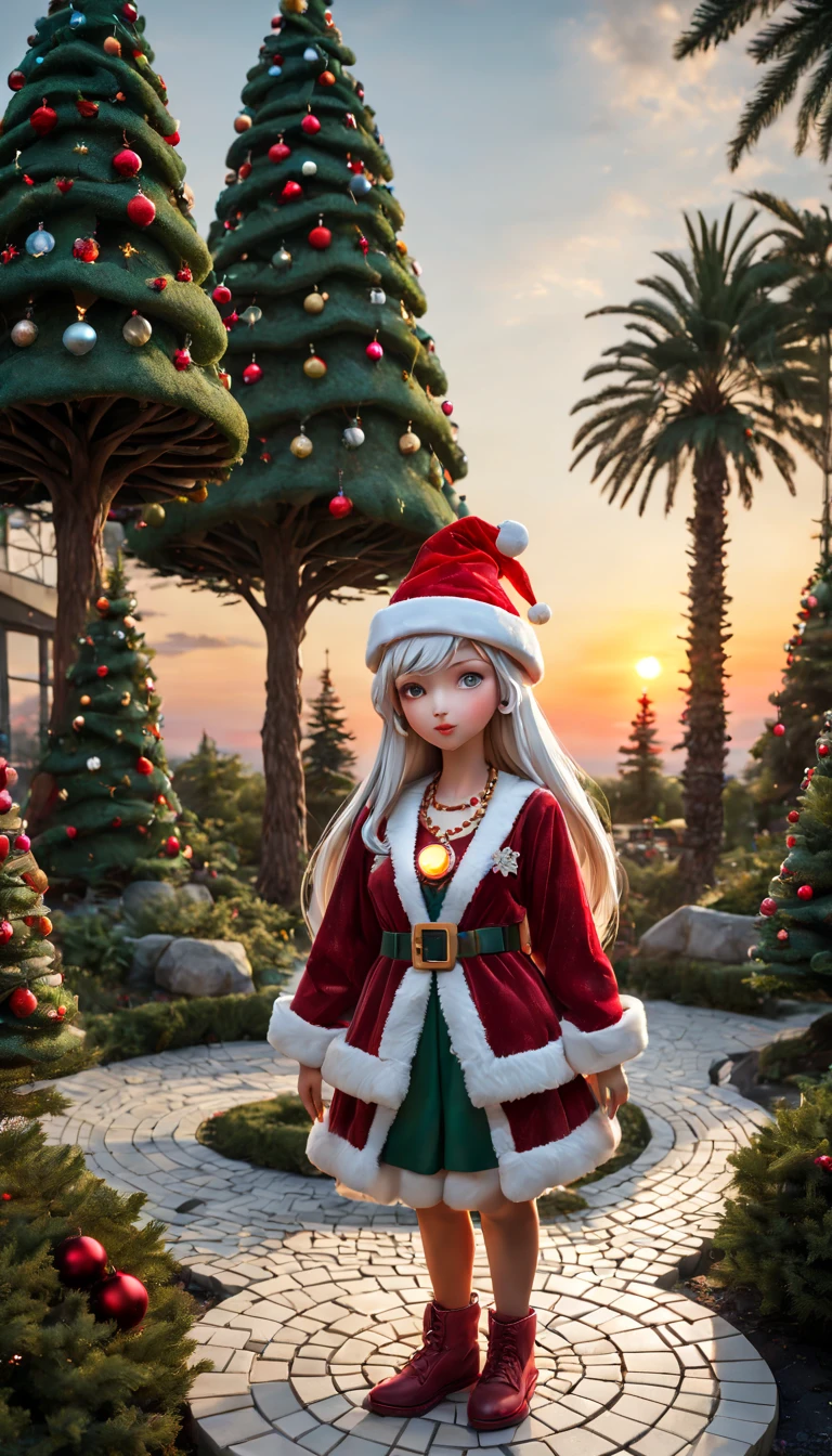 Mosaic Ruby Sculpture, external garden, flagstone road, mirai, the sunset, long whitr hair, santa hat，bead necklace, hoop earings, smug, hyper realisitc, [Christmas tree]，mirai, hyper realisitc, artistic décor, concept-art, Three-dimensional future, lightand shade contrast, Ray traching, mosaic art, wide wide shot, Best quality at best, A high resolution, Award-Awarded, tmasterpiece, 4K
