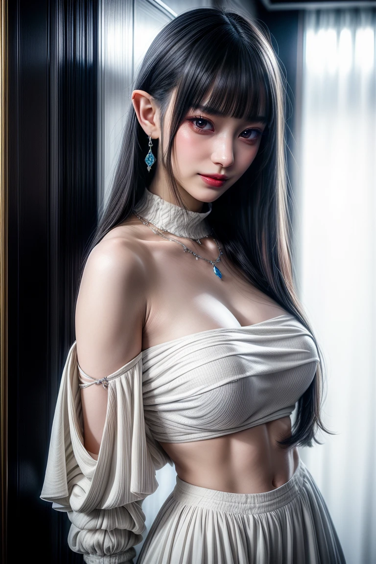 Simple White Background,

blue dress,navel, necklace, detached sleeves, cleavage,

earrings, jewelry,Gem, long pointy ears, , elf,

blue hair,blue eyes ,hair between eyes,Bangs,long hair,hair ornament, hair bobbles,

1 girl, 20yo,Young female,Beautiful long legs,Beautiful body,
Beautiful Nose,Beautiful character design, perfect eyes, perfect face,expressive eyes,perfect balance,

looking at viewer,(Focus on her face),closed mouth, (innocent_big_eyes:1.0),(Light_Smile:0.3),

official art,extremely detailed CG unity 8k wallpaper, perfect lighting,Colorful, Bright_Front_face_Lighting,White skin,
(masterpiece:1.0),(best_quality:1.0), ultra high res,4K,ultra-detailed,
photography, 8K, HDR, highres, absurdres:1.2, Kodak portra 400, film grain, blurry background, bokeh:1.2, lens flare, (vibrant_color:1.2),professional photograph,

(Beautiful,large_Breasts:1.4), (beautiful_face:1.5),(narrow_waist),