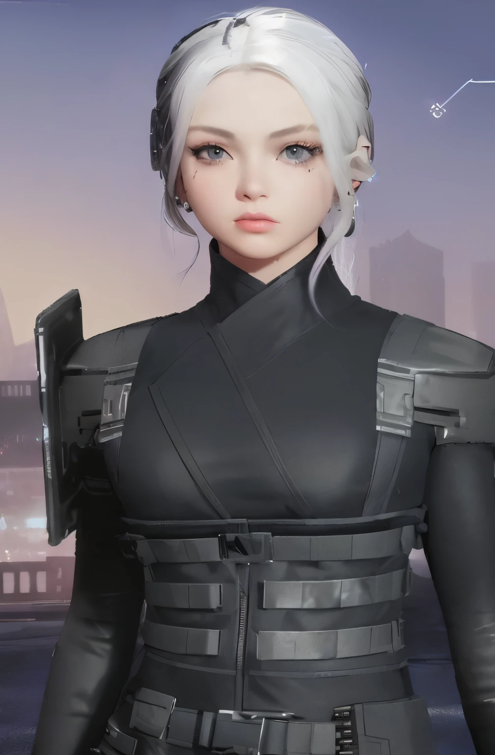 1girl, blonde grey long hair,thick liplue contact lenses, hand on another's hip, silver cybernetic implants, long sleevelack crop top, black leather jacket, purple metallic leggings, silver metallic boots,halo, earrings, pendant, wristband, armlet,
Negative prompt: paintings, sketches, realistic