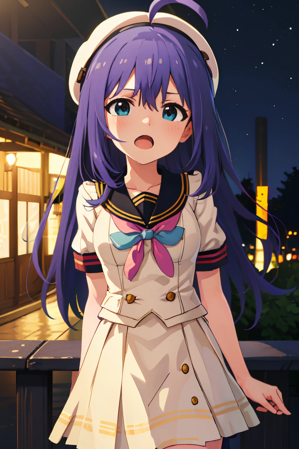 {{{{{mochizuki anna}}}}},1girl,solo,long hair,purple hair,small_ahoge,blue eyes.short stature.idol clothes.skirt.beret.(((masterpiece))).(((best quality))).((ultra-detailed))).(((illustration))).night view.small Breasts.Sad face.open mouth