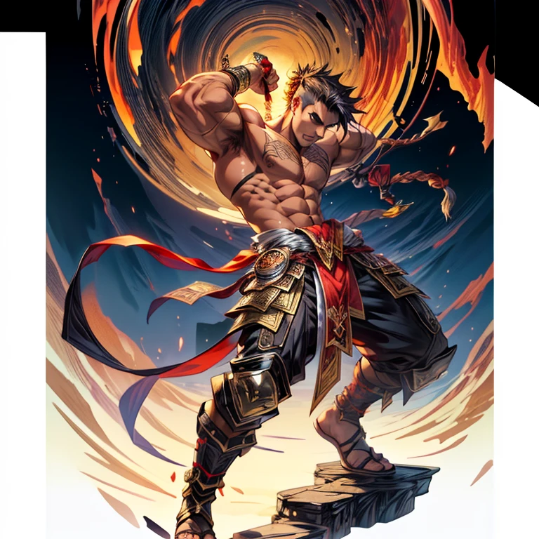 (masterpiece,High quality,Top quality,super detail, best quality ,),1 man,muscle,tan skin,has a scorpion tail,short black hair,Face details,full body,high,handsome,sand holding a knife,hd, fantasy , focus scorpion tail,Scorpion tail details,