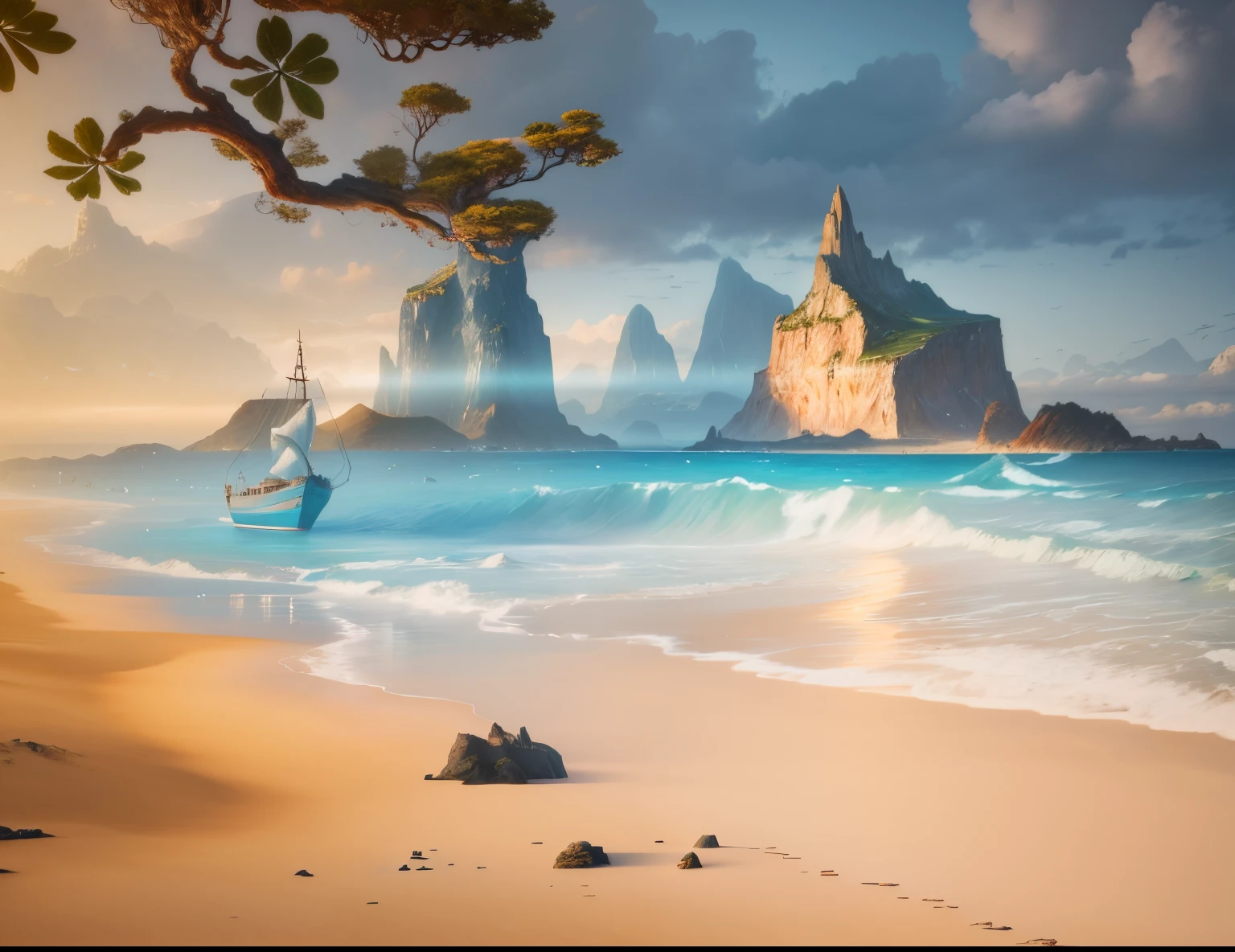 painting of a beach with a boat and a mountain in the background, magical beach, fantasy sea landscape, in stunning digital paint, breath-taking beautiful beach, dreamlike digital painting, fantasy painterly style, fantasy scenic, beautiful digital painting, fantasy scene, stunning digital painting, beautiful dreamy landscape, 3 d virtual landscape painting, gorgeous digital painting, beach landscape