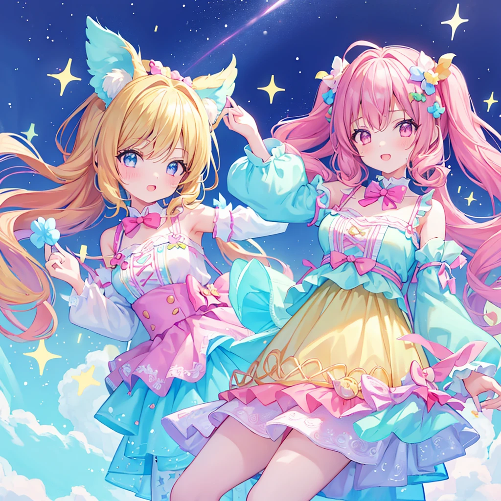 master part, (Millions of 2girls and 2girls and 2girls and 2girls), idolmaster, Closeup, olhos grandes, Kawaiitech, kawaii, fofo, pastels colors, best quality, Feliz, Fundo profundo, symmetric, bowed head, primavera, cobrir