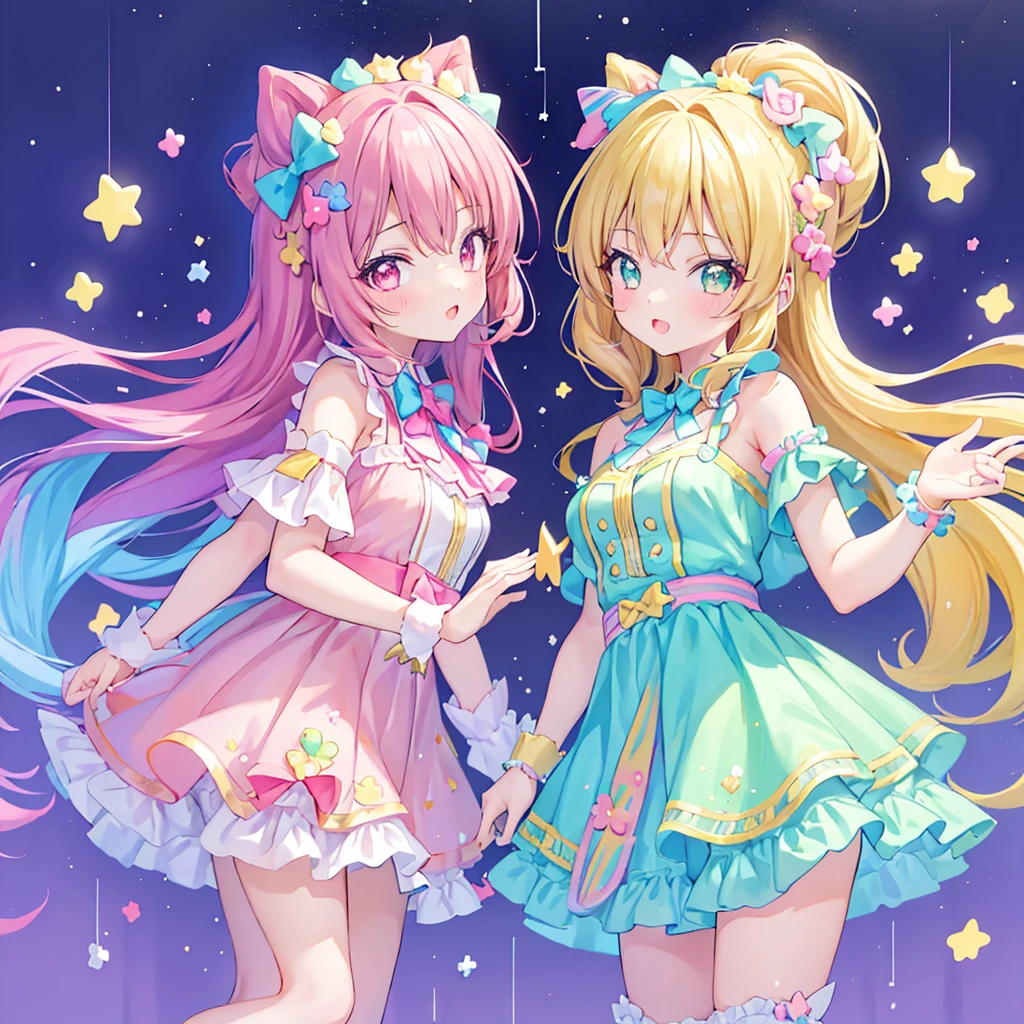 master part, (Millions of 2girls and 2girls and 2girls and 2girls), idolmaster, Closeup, olhos grandes, Kawaiitech, kawaii, fofo, pastels colors, best quality, Feliz, Fundo profundo, symmetric, bowed head, primavera, cobrir