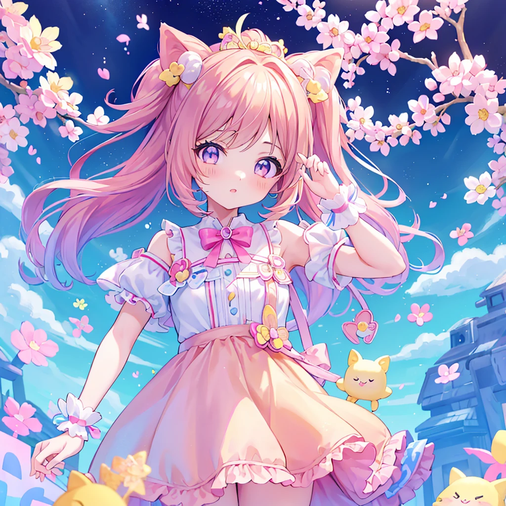 master part, (2meninas e 2meninas e 2meninas e 2meninas), idolmaster, Closeup, olhos grandes, Kawaiitech, kawaii, fofo, pastels colors, best quality, Feliz, Fundo profundo, symmetric, bowed head, 夏天, cobrir, title