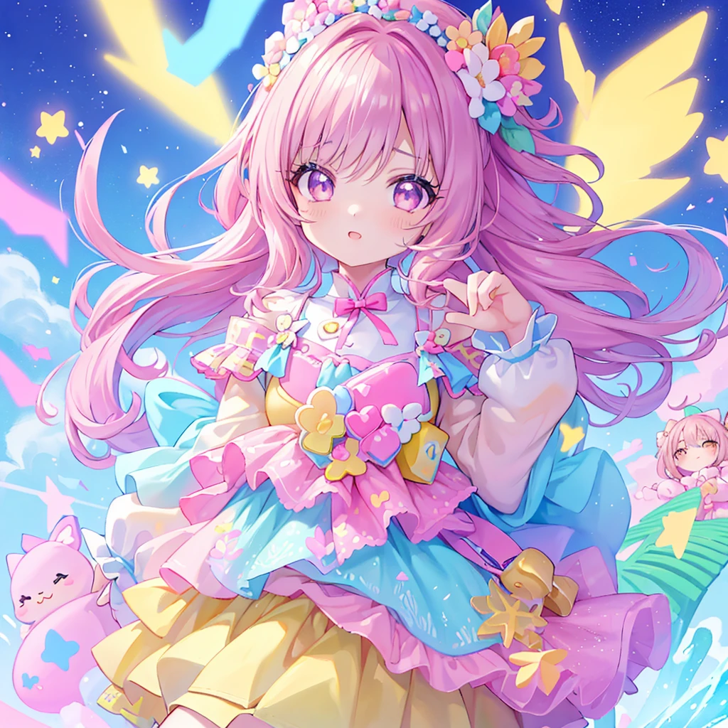 master part, (2meninas e 2meninas e 2meninas e 2meninas), idolmaster, Closeup, olhos grandes, Kawaiitech, kawaii, fofo, pastels colors, best quality, Feliz, Fundo profundo, symmetric, bowed head, 夏天, cobrir, title