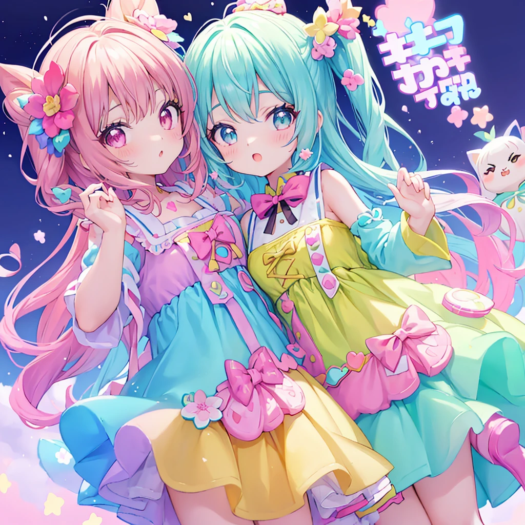 master part, (2meninas e 2meninas e 2meninas e 2meninas), idolmaster, Closeup, olhos grandes, Kawaiitech, kawaii, fofo, pastels colors, best quality, Feliz, Fundo profundo, symmetric, bowed head, 夏天, cobrir, title