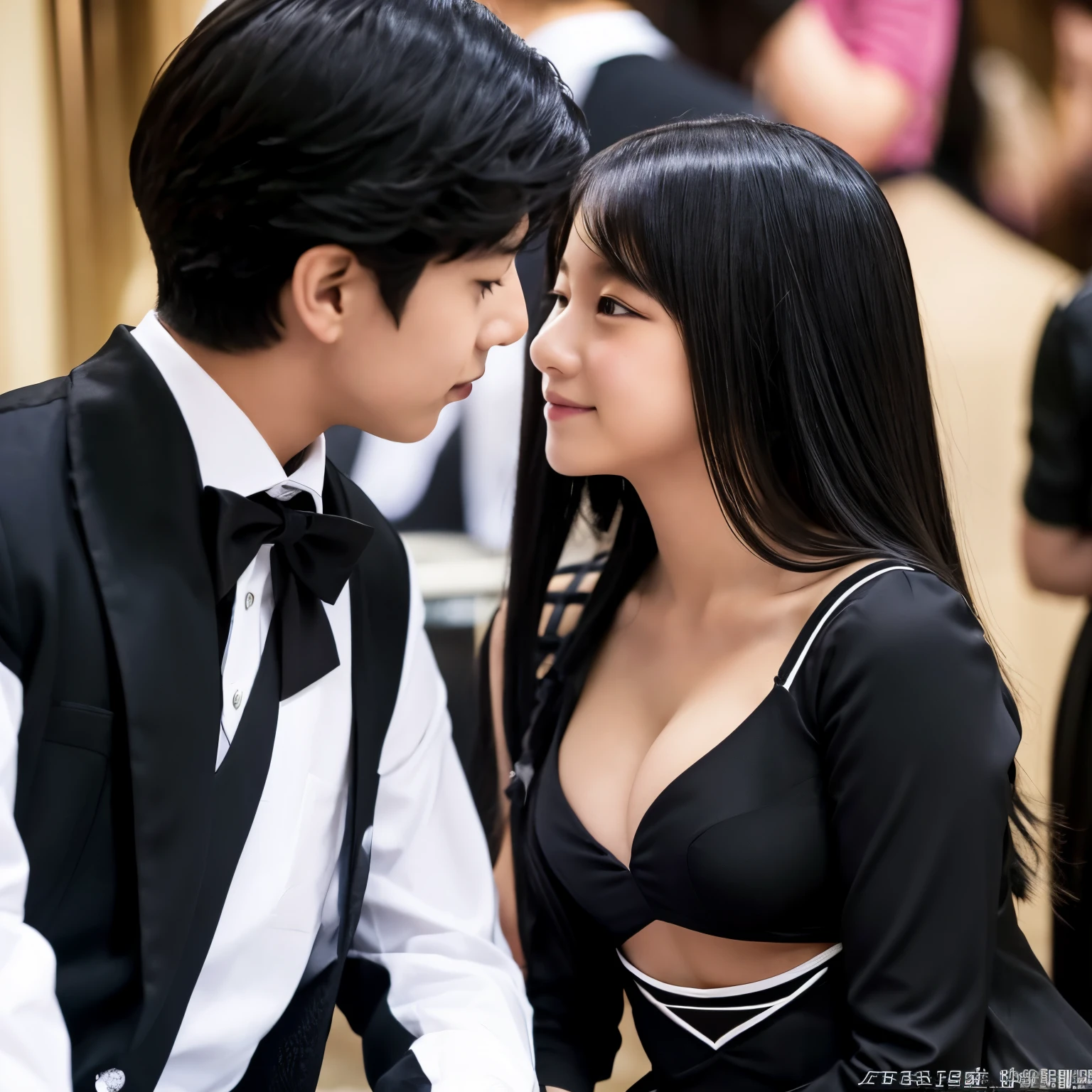 A girl wearing a black Santa costume puts her hand on her chin。The girl next to him is also wearing a black Santa costume and has her hand on her chin.。