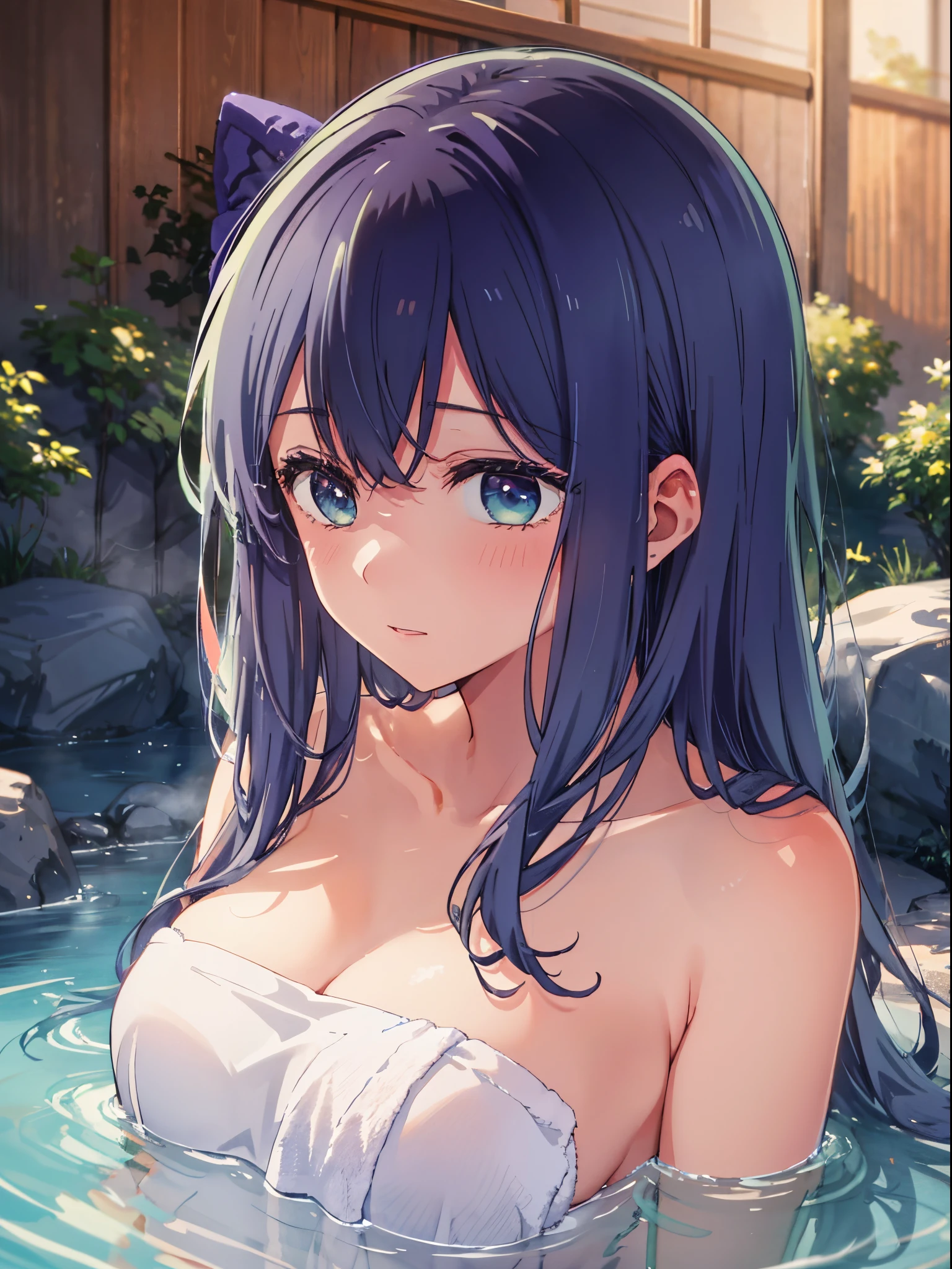 beautiful  lighting, 1girl in, 独奏, Akane,  ((anime styled))、((2D))、be shy、(hot onsen)、(((a towel)))、a closeup、(((embarassed face)))、Facing the camera、Colossal tits、hiding boobs with hands