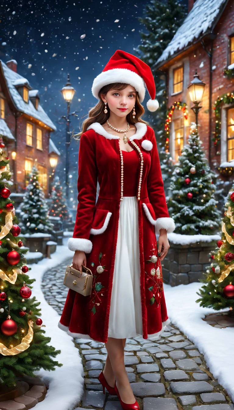girl wearing red dresosaic gem jacket，external garden，Cobblestone paths，the night，santa hat，pearls necklace，Ring earrings，[Christmas tree]，christmaestive atmosphere，winter landscape，[Gentle snowfall]，Magical atmosphere，serene environment，Whimsical scenery best quality,4k,8k,highres,masterpiece:1.2),ultra-detailed,realistic,Award-Awarded, tmasterpiece.