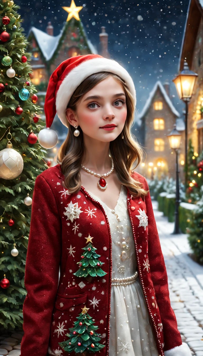 girl wearing red dresosaic gem jacket，external garden，Cobblestone paths，the night，santa hat，pearls necklace，Ring earrings，[Christmas tree]，christmaestive atmosphere，winter landscape，[Gentle snowfall]，Magical atmosphere，serene environment，Whimsical scenery best quality,4k,8k,highres,masterpiece:1.2),ultra-detailed,realistic,Award-Awarded, tmasterpiece.