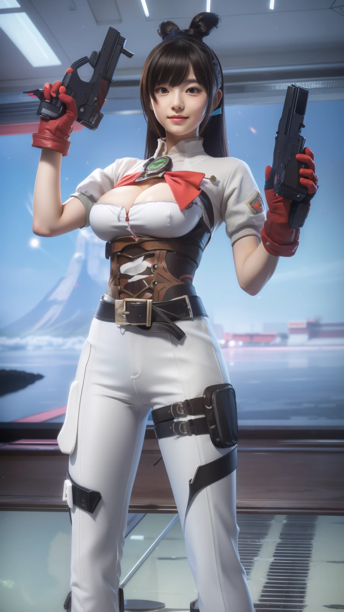 Anime, 1 girl, Korea, beautiful,, 8k Quality, big breasts , Holds 2 pistols