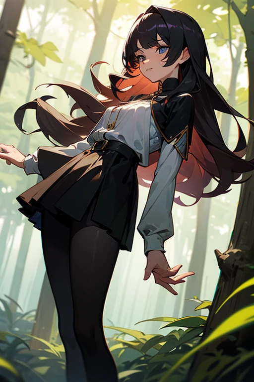linda jovem com rosto bem detalhado e bonito, belos olhos, belos olhos, rosto lindo, beautiful young woman wearing black tights, sueter apertado branco, short pantyhose, Standing in a forest, usando salto alto, cabelo curto preto, morena