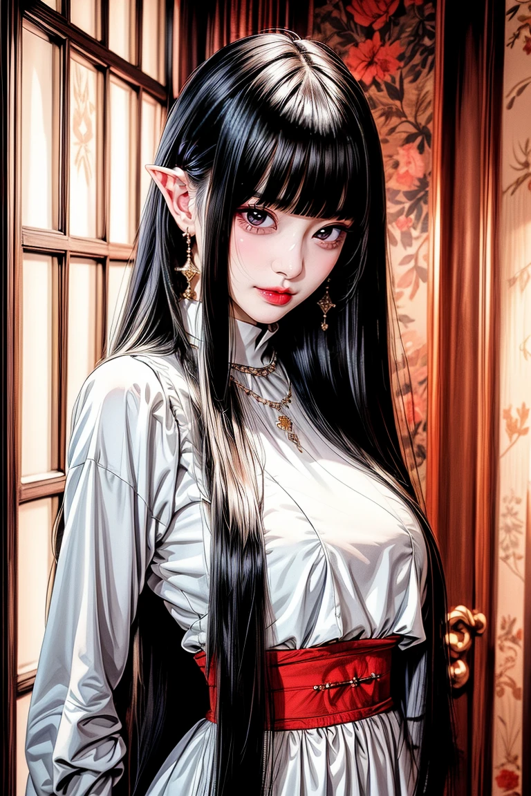(((Blunt bangs, princess bangs))), (((Very heavy,very voluminous bangs:1.1))),(((Very long, Very heavy,Very voluminous side locks:1.1))),, hime-cut, Hairstyle with straight bangs, Round face with dull bangs, dull with long hair、Bangs are cut straight, Simple White Background,
blue dress,navel, necklace, detached sleeves, cleavage,
earrings, jewelry,Gem, long pointy ears, , elf,
blue hair,blue eyes ,hair between eyes,Bangs,long hair,hair ornament, hair bobbles,
1 girl, 20yo,Young female,Beautiful long legs,Beautiful body,
Beautiful Nose,Beautiful character design, perfect eyes, perfect face,expressive eyes,perfect balance,
looking at viewer,(Focus on her face),closed mouth, (innocent_big_eyes:1.0),(Light_Smile:0.3),
official art,extremely detailed CG unity 8k wallpaper, perfect lighting,Colorful, Bright_Front_face_Lighting,White skin,
(masterpiece:1.0),(best_quality:1.0), ultra high res,4K,ultra-detailed,
photography, 8K, HDR, highres, absurdres:1.2, Kodak portra 400, film grain, blurry background, bokeh:1.2, lens flare, (vibrant_color:1.2),professional photograph,
(Beautiful,large_Breasts:1.4), (beautiful_face:1.5),(narrow_waist),