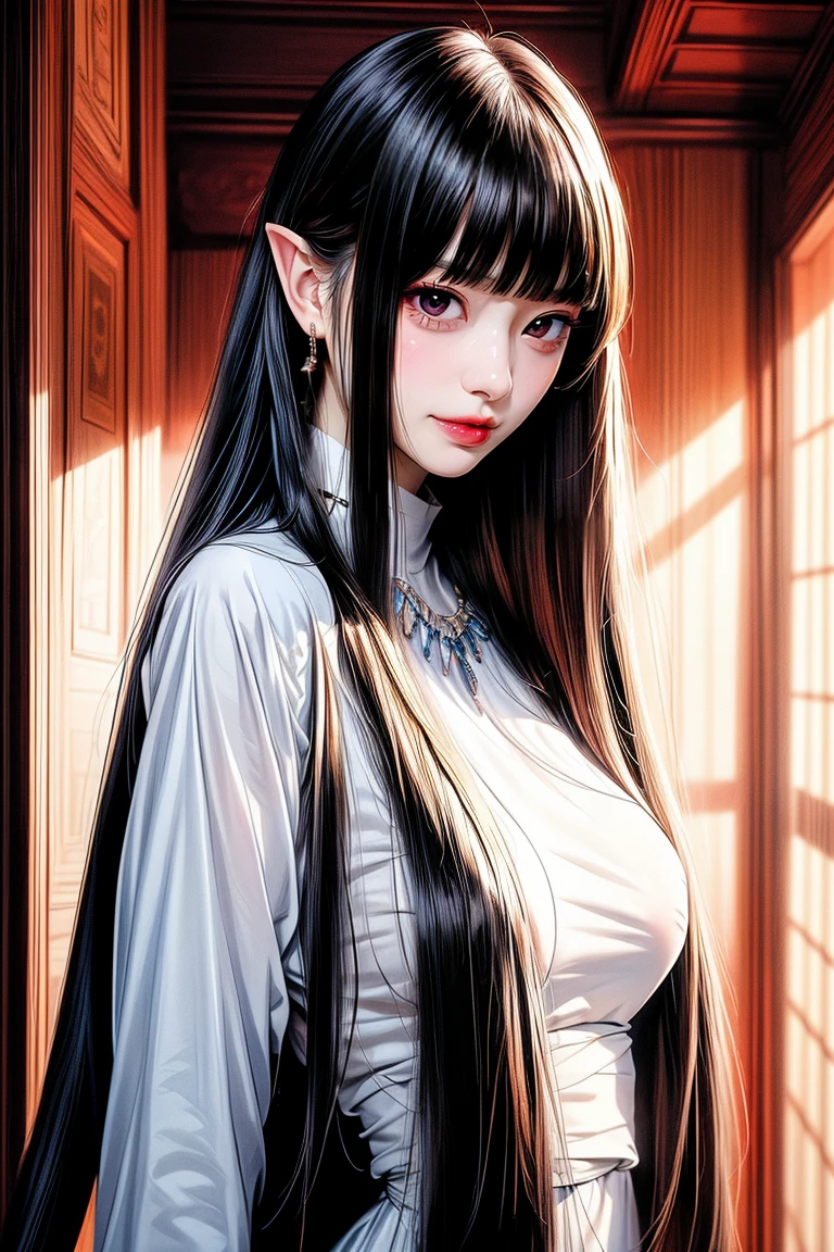 (((Blunt bangs, princess bangs))), (((Very heavy,very voluminous bangs:1.1))),(((Very long, Very heavy,Very voluminous side locks:1.1))),, hime-cut, Hairstyle with straight bangs, Round face with dull bangs, dull with long hair、Bangs are cut straight, Simple White Background,

blue dress,navel, necklace, detached sleeves, cleavage,

earrings, jewelry,Gem, long pointy ears, , elf,

blue hair,blue eyes ,hair between eyes,Bangs,long hair,hair ornament, hair bobbles,

1 girl, 20yo,Young female,Beautiful long legs,Beautiful body,
Beautiful Nose,Beautiful character design, perfect eyes, perfect face,expressive eyes,perfect balance,

looking at viewer,(Focus on her face),closed mouth, (innocent_big_eyes:1.0),(Light_Smile:0.3),

official art,extremely detailed CG unity 8k wallpaper, perfect lighting,Colorful, Bright_Front_face_Lighting,White skin,
(masterpiece:1.0),(best_quality:1.0), ultra high res,4K,ultra-detailed,
photography, 8K, HDR, highres, absurdres:1.2, Kodak portra 400, film grain, blurry background, bokeh:1.2, lens flare, (vibrant_color:1.2),professional photograph,

(Beautiful,large_Breasts:1.4), (beautiful_face:1.5),(narrow_waist),