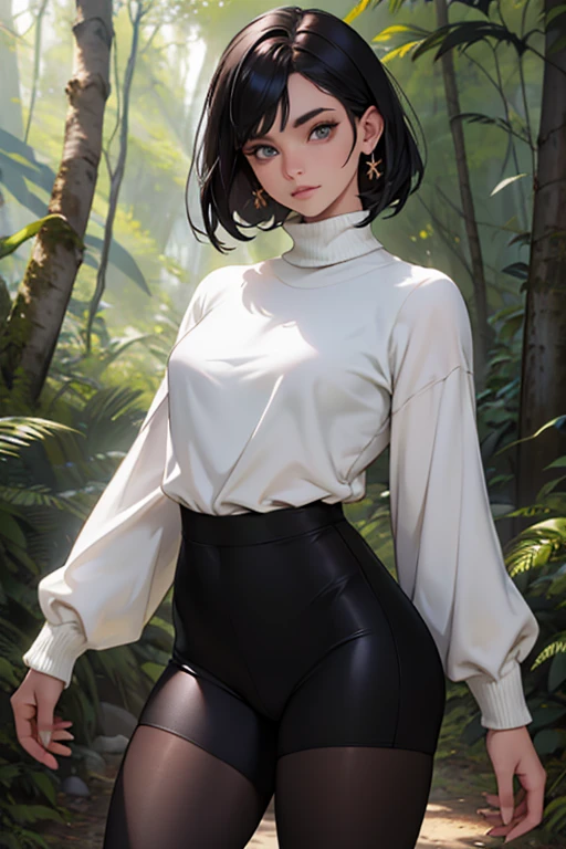 linda jovem com rosto bem detalhado e bonito, belos olhos, belos olhos, rosto lindo, beautiful young woman wearing black tights, sueter apertado branco, short pantyhose, Standing in a forest, usando salto alto, cabelo curto preto, morena