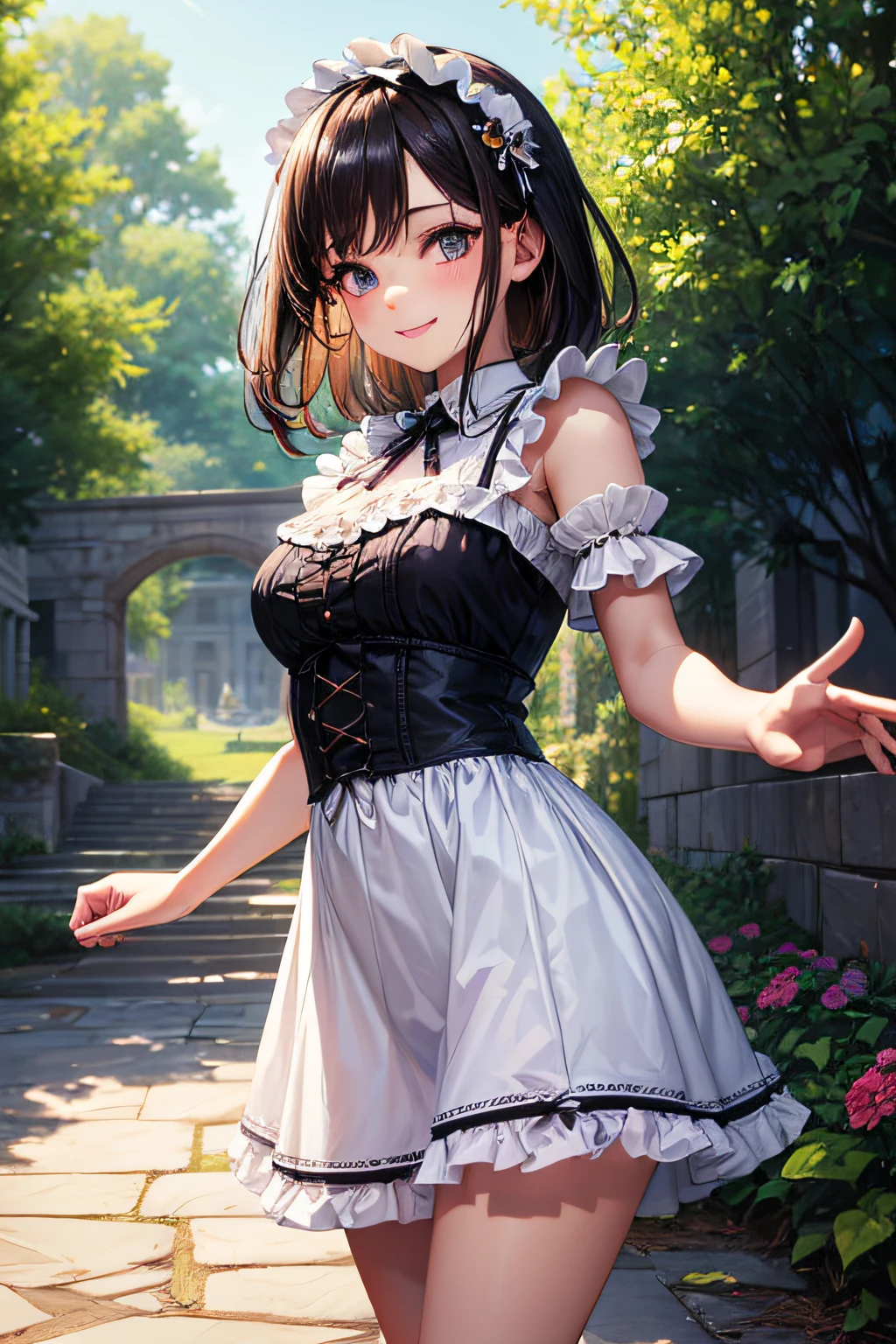 muste piece、masterpiece、highest quality、Super detailed、High resolution、8K portrait、High definition CG of Unity 8k wallpaper、cute type little:1.5、Lori:1.5、Highly detailed CG unity 8k wallpaper、Realistic、real person、 portrait photography、shiny skin、High definition、(16 years old:1.2)、(1 girl)、beautiful clear eyes、extremely detailed description、delicate face、nice lips、slender body、small breasts、thin waist、thin legs、(garden:1.6)、1 girl, cute type, perfect face, seriously, (blush:1.5),(brown hair bob hair:1.3),(small breasts:1.3),((Maid clothes:1.3)),(black dress),(half nude),(I have nipples:1.2),(looking at view),(from front),gran,((climax in vagina:1.5)),(standing),(hand behind head)