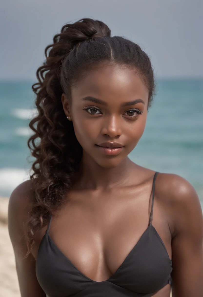 ((Dark African skin, Very deep ebony skin)), ((Its beauty undeniable)), ((Excited cute face)), ((Full Body, naked)), ((Ultra-detailed perfect eyes)), ((Seductive )), sexy, ((African long curly African ponytail)), ((dehors, Villes publiques)), Sharp Focus CGI, photoreallistic, High detail, Realstic, Masterpiece, absurderes, Best quality, Hdr, High quality, K HD, Extremely detailed, 8k wallpaper, Intricate details, 8K UHD, Full-HD, (photo realist:1.2), contraste, Dazzling lights, lighting cinematic, natural lighting, hard light, Backlit lighting, Illumination globale, Occlusion environmental nsfw, full body picture, sitting on a beach
