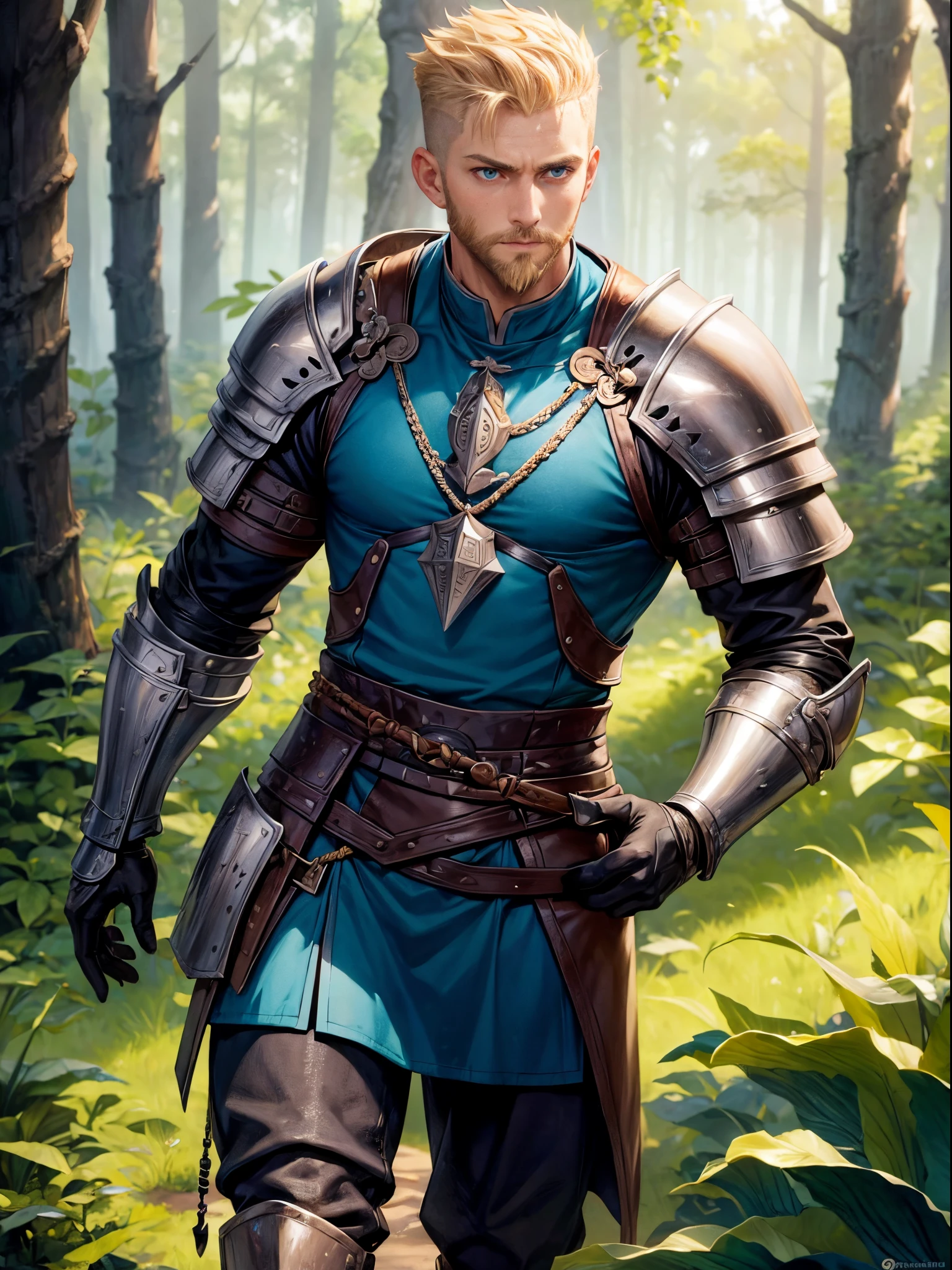 (((1boy))), dirty blonde hair, undercut hair, shaved sides of head, (short full beard), blue eyes, (young), clear face, tall, (average build), wearing Viking armor, blue shirt, leather armor, dungeons and dragons, DnD, D&D, fighter, warrior, Viking, Norse armor, boots, standing in a forest, looking into distance, stoic expression, ((solo)), empty hands, empty hand,