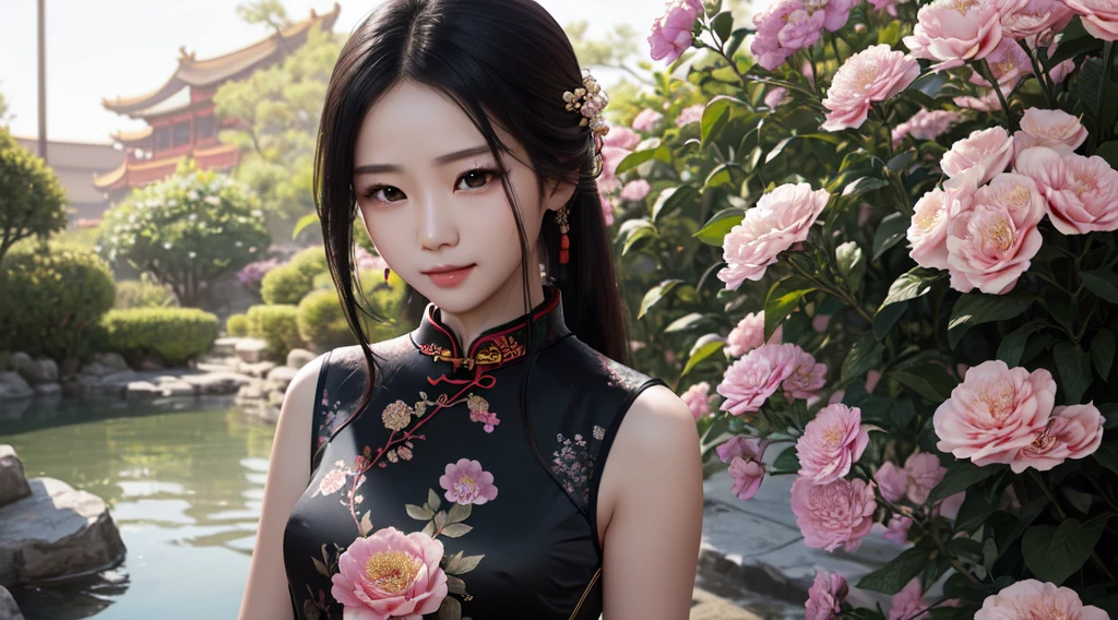(Best Quality)), (masutepiece), (sharpness), 32K, (the highest quality depiction), (Best Quality), Art Book, Detailed and detailed CG art, detailed human body, Clear air: 1.3, Depth background,
(Perfect Anatomy), (perfect body depiction), Golden ratio, Portrayal of the perfect woman, One Woman,Beautiful, ( Chinese woman in her early 20s), (Glossy black hair, long hair tied at the top of the head:1.6), (Shiny beautiful black eyes Beautiful face with detailed details), (Small:1.8), Light makeup, (A perfect cheongsam that is detailed, detailed, and beautiful.:1.6,appearance々floral pattern:1.2,No exposure:1.9), (gazing at viewer,Confident smile:1.2), plein air,Chinese hanging garden:1.3, wind operation:1.5, creek,