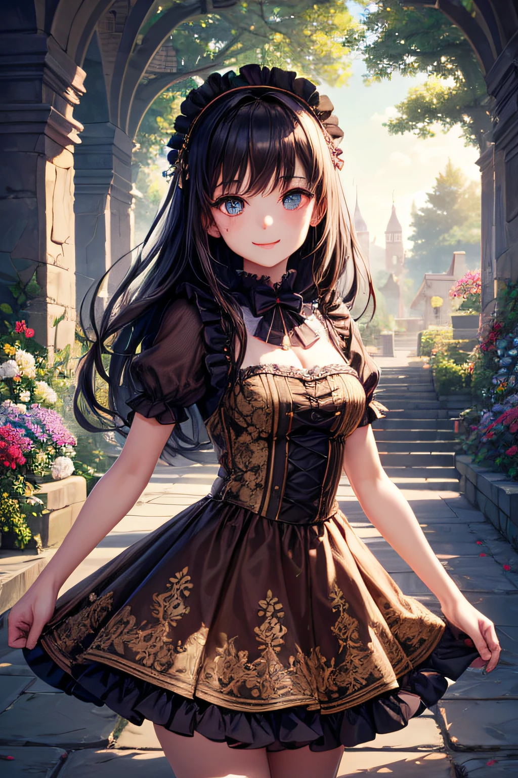 Very cute and beautiful girl,(very detailed beautiful face and eyes:1.2),
Smile,Black hair,Dynamic Pose,Beautiful legs,(Cowboy Shot),
Brown floral Lolita dress with detailed ruffles,
Flower Garden,Stone path,Distant trees々,
(Best Quality,masutepiece:1.2),Intricate details,hight resolution,1 girl,Solo,Cinematic lighting,