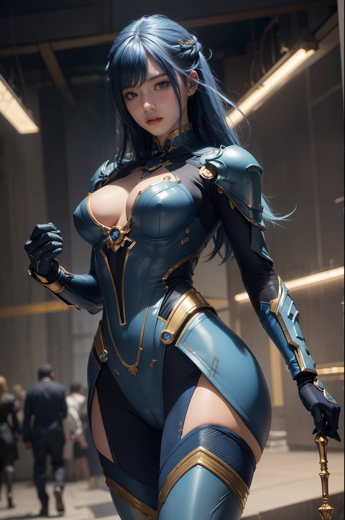 Fantasia、Best Quality、fancy design、One lady、blue powered suit、Golden hair、（complex joints、gear、Willinotl）Beautiful、Exposed skin、mechs、机器人、strong con、