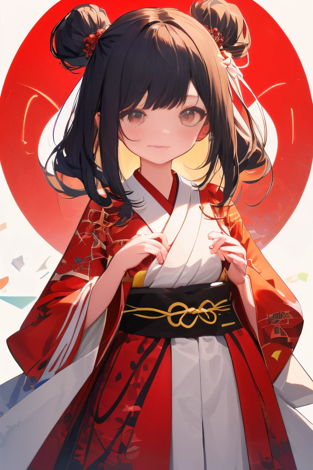 (((white backgrounid、a white world)))、Unity 8K Wall 、ultra-detailliert、Beautifully Aesthetic、masterpiece、top-quality、(Zentangle、a Mandala、Tangles、tangle lactal art:1.3)、One girl、Beautiful black hair、Wasedako、Red kimono、Japanese dress、ighly detailed、Dynamic angles、Cowboy Shots、The most beautiful forms chaos、elegent、Brutalist design、Vibrant colors、romantism、Atmosphere、ecstasy musical notes、Streaming music notes are visible、(((white backgrounid、Pure white background、Red circle)))