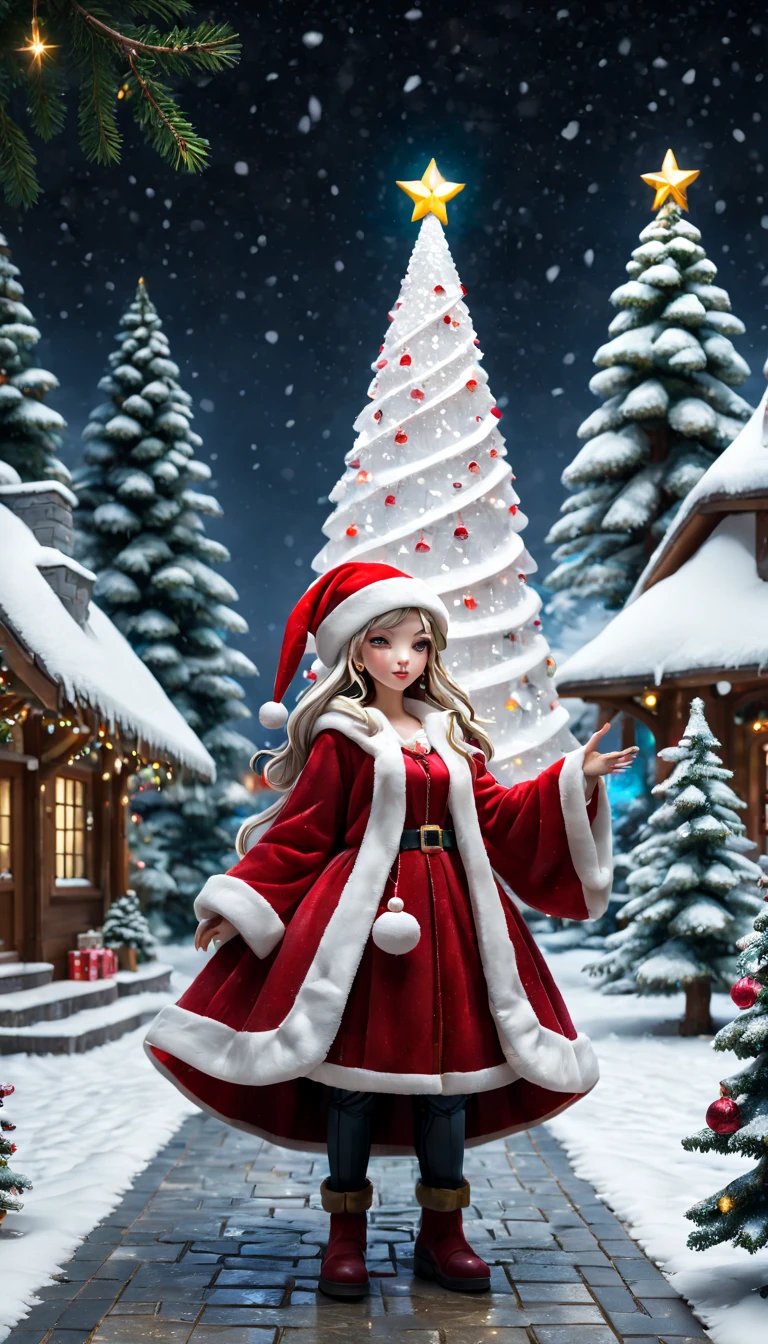 3D，Mosaic Ruby Sculpture, external garden, flagstone road, mirai, the night, long whitr hair, santa hat，bead necklace, hoop earings, smug, hyper realisitc, [Christmas tree]，winter landscape，[Gentle snowfall]，mirai, hyper realisitc, artistic décor, concept-art, Three-dimensional future, lightand shade contrast, Ray traching, mosaic art, wide wide shot, Best quality at best, A high resolution, Award-Awarded, tmasterpiece, 4K