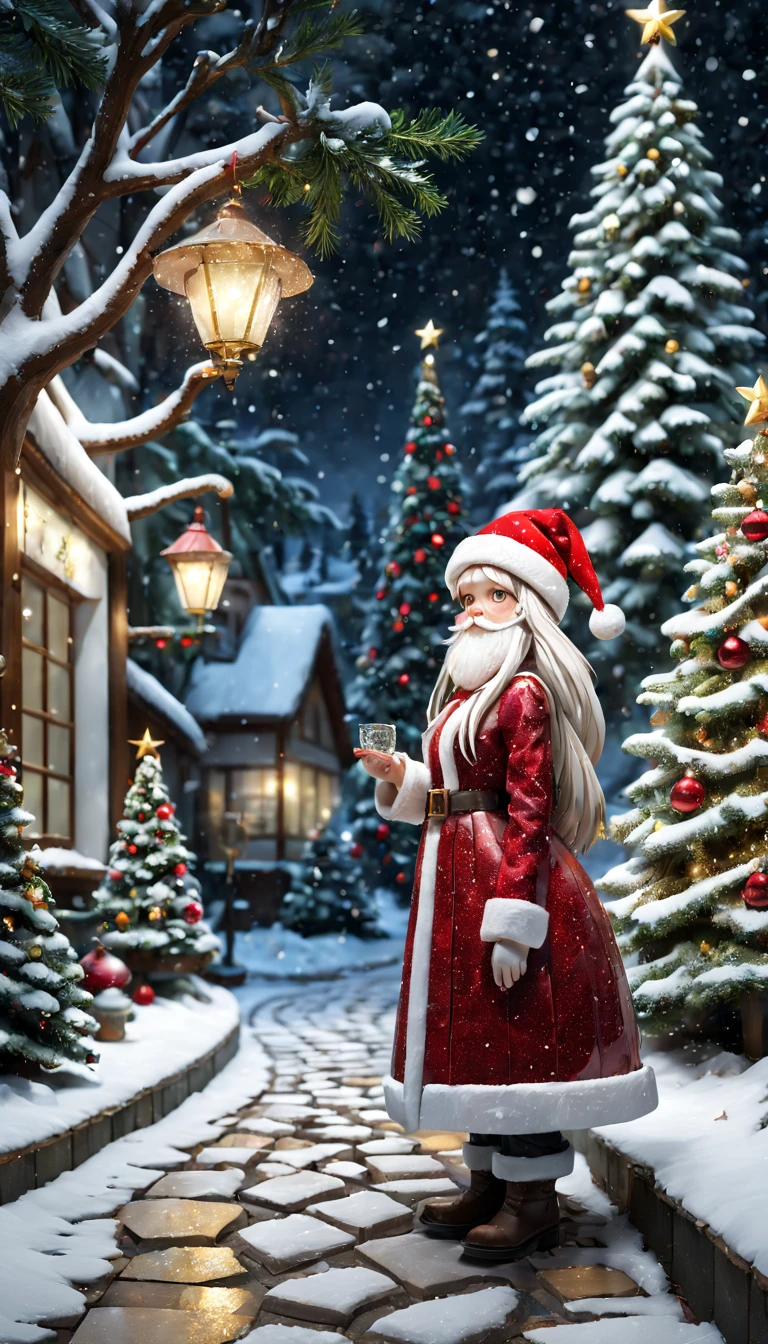3D，Mosaic Ruby Sculpture, external garden, flagstone road, mirai, the night, long whitr hair, santa hat，bead necklace, hoop earings, smug, hyper realisitc, [Christmas tree]，winter landscape，[Gentle snowfall]，mirai, hyper realisitc, artistic décor, concept-art, Three-dimensional future, lightand shade contrast, Ray traching, mosaic art, wide wide shot, Best quality at best, A high resolution, Award-Awarded, tmasterpiece, 4K