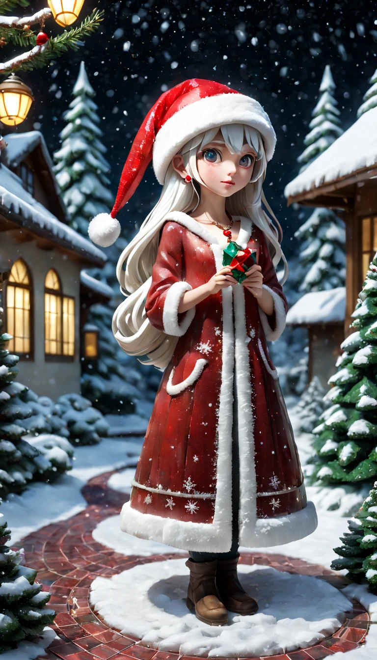 3D，Mosaic Ruby Sculpture, external garden, flagstone road, mirai, the night, long whitr hair, santa hat，bead necklace, hoop earings, smug, hyper realisitc, [Christmas tree]，winter landscape，[Gentle snowfall]，mirai, hyper realisitc, artistic décor, concept-art, Three-dimensional future, lightand shade contrast, Ray traching, mosaic art, wide wide shot, Best quality at best, A high resolution, Award-Awarded, tmasterpiece, 4K