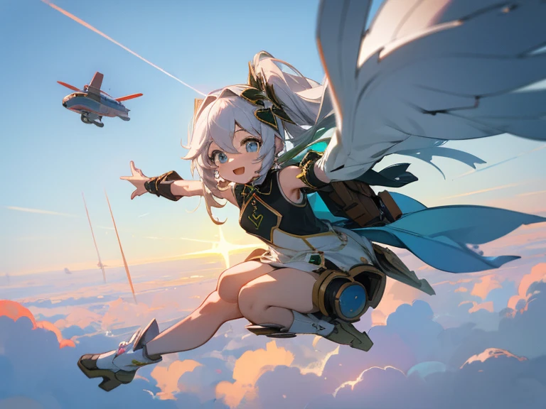 Happy girl flying in the sky riding an AI robot