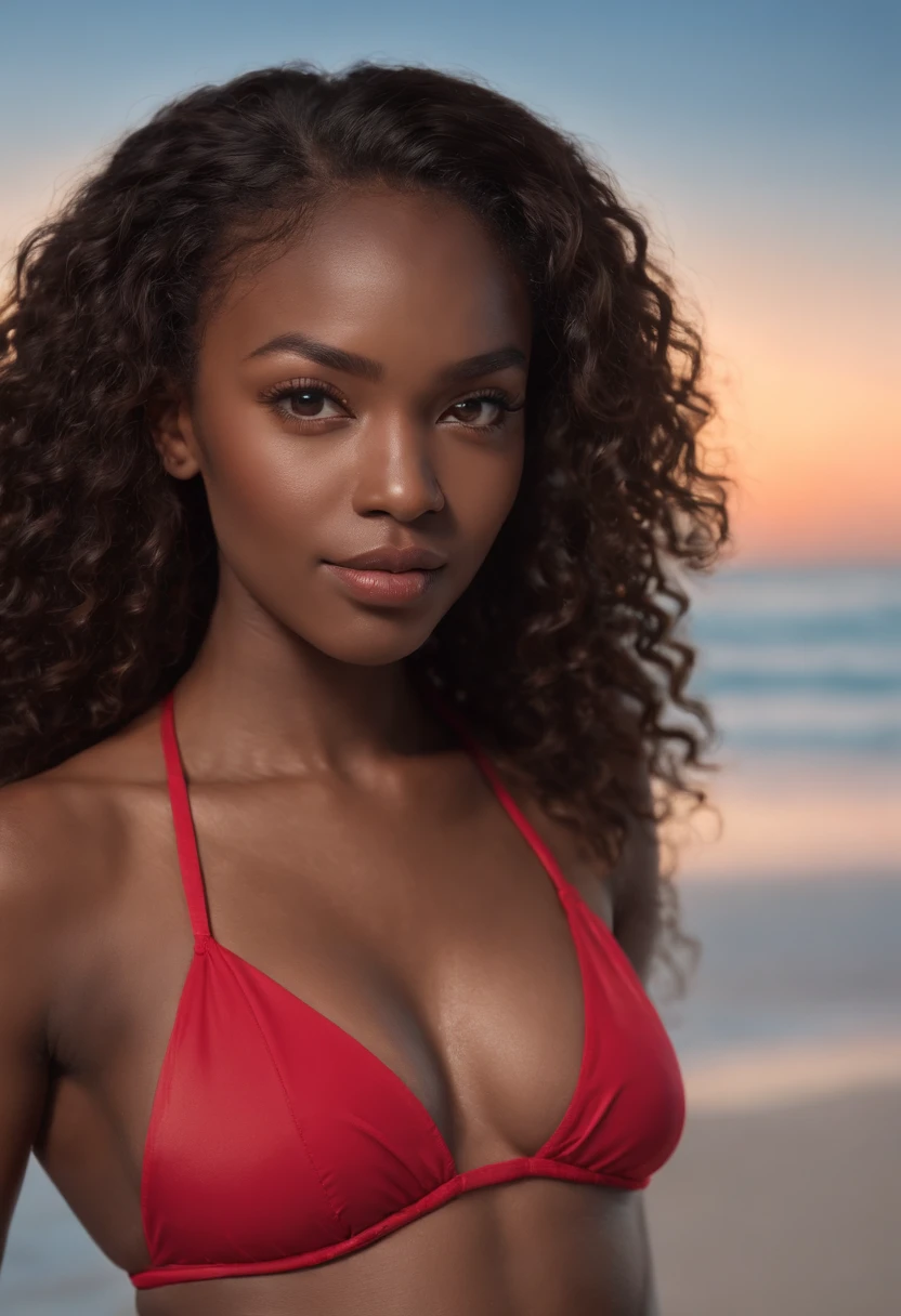 hyperrealistic photo in close-up of black actress Jessica Williams, masterpiece, best quality, (photorealistic:1.4), full body, (red bikini top:1.1), (red bikini bottom:1.2), summer, romantic sunset, summer colors, cinematic light, beautiful woman, skinny, medium breasts, black short hair (bob short hair:1.2), ponytail hairstyle, detailed face, smile, facing the camera, photo taken from a distance, age of 18 years old, smile, sticking butt out, big ass, thin waist, large hips, She strikes a pose with her right arm bent at the waist and her left arm stretched out with her hand on her thigh, in the background there is a beach