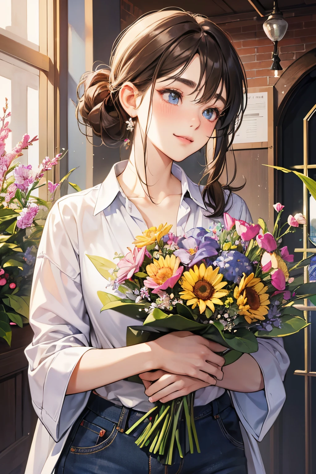 (masutepiece, Digital Art, Digital Illustration, 4K, 8K, Ultra-detailed, beautiful image, Sharp Image, Photorealistic, Raw photo, Perfect face, Perfect lines, Perfect eyes, Soft lighting) 1 woman, (lightbrown hair,Chignon Hair,Innocent look,drooping eyebrows,drooing eyes,with round face,Round jaws、Innocence,cute little,big eye,natural make up,kindly smile,E-cup,23 y-o woman:1.3),Two handsome men in suits, (ember,Men in suits,well-muscled,Firm shoulder width,  mannish hairstyle,Man in his 30s with a cool expression,28-year-old man with bright smile:1.2),Flower Shop,In the storefront of a florist,Flower Cottage,colorful flower,lots of flower、Skinny Denim,white  shirt,(Nervous,be shy,sleepy,embarrassed from:1.1),the kiss、kiss、a couple、couple kissing、Romance、A slight smil、Florist full of light,wretched、Cheek dyeing、