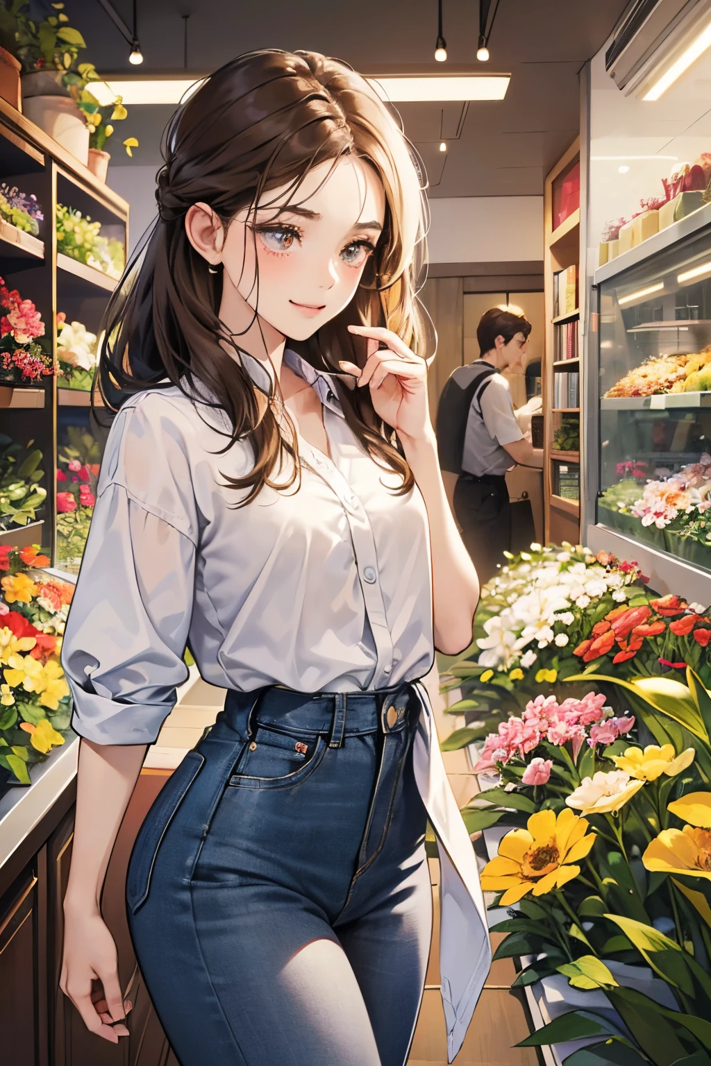 (masutepiece, Digital Art, Digital Illustration, 4K, 8K, Ultra-detailed, beautiful image, Sharp Image, Photorealistic, Raw photo, Perfect face, Perfect lines, Perfect eyes, Soft lighting) 1 woman, (lightbrown hair,Chignon Hair,Innocent look,drooping eyebrows,drooing eyes,with round face,Round jaws、Innocence,cute little,big eye,natural make up,kindly smile,E-cup,23 y-o woman:1.3),Two handsome men in suits, (ember,Men in suits,well-muscled,Firm shoulder width,  mannish hairstyle,Man in his 30s with a cool expression,28-year-old man with bright smile:1.2),Flower Shop,In the storefront of a florist,Flower Cottage,colorful flower,lots of flower、Skinny Denim,white  shirt,(Nervous,be shy,sleepy,embarrassed from:1.1),the kiss、kiss、a couple、couple kissing、Romance、A slight smil、Florist full of light,wretched、Cheek dyeing、