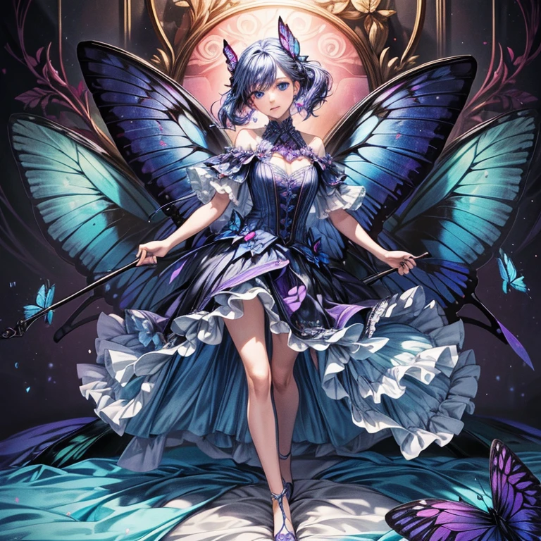 (masterpiece,High quality,Top quality,super detail, best quality ,)1 woman,beautiful,beautiful face,Beautiful blue eyes,has butterfly wings,full body,Face details,Skin details,butterfly wing focus,Butterfly wing detail,hd,blue-purple hair,Dress showing legs, holding staff,